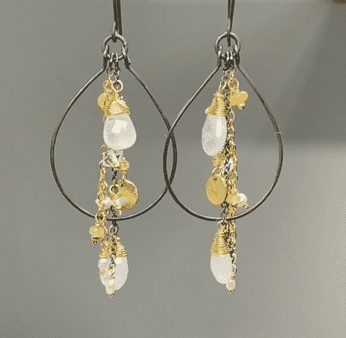 Rainbow Moonstone Opal Pearl Mixed Metal Hoop Earrings - Black & Gold Dangle Earrings for Women, Boho Chic Jewelry for Party, Wedding & Everyday Wear