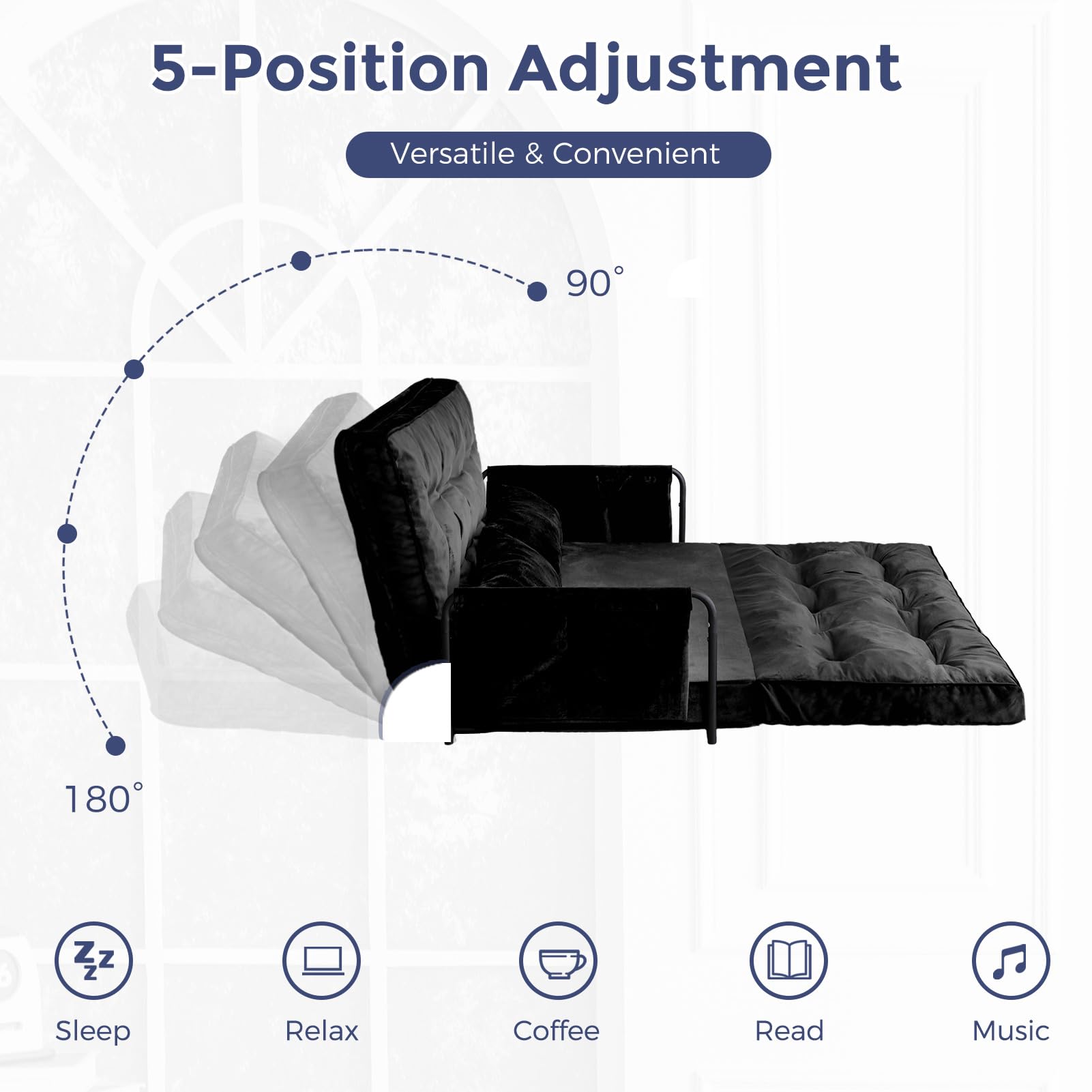 MAXYOYO Adjustable Floor Sofa Couch - Velvet Convertible Lazy Sofa Sleeper Bed with Pillows & Armrests, Double Size in Black | Perfect for Small Spaces, Living Rooms & Guest Beds