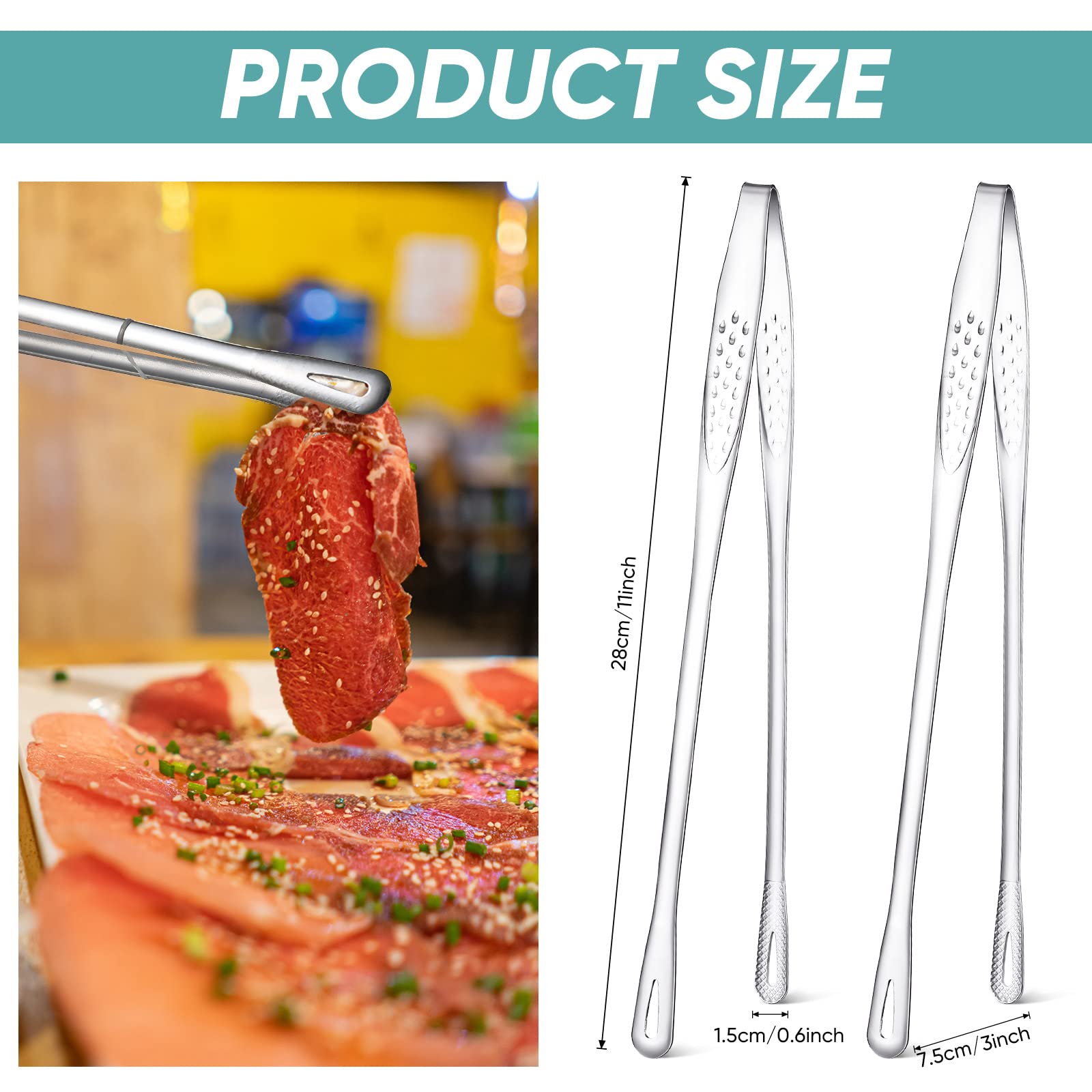 6-Piece 11-Inch Stainless Steel BBQ Grill Tongs Set - Korean & Japanese Style Cooking Tongs for Grilling, Steak, Salad, Outdoor Picnics & Home Kitchen Use