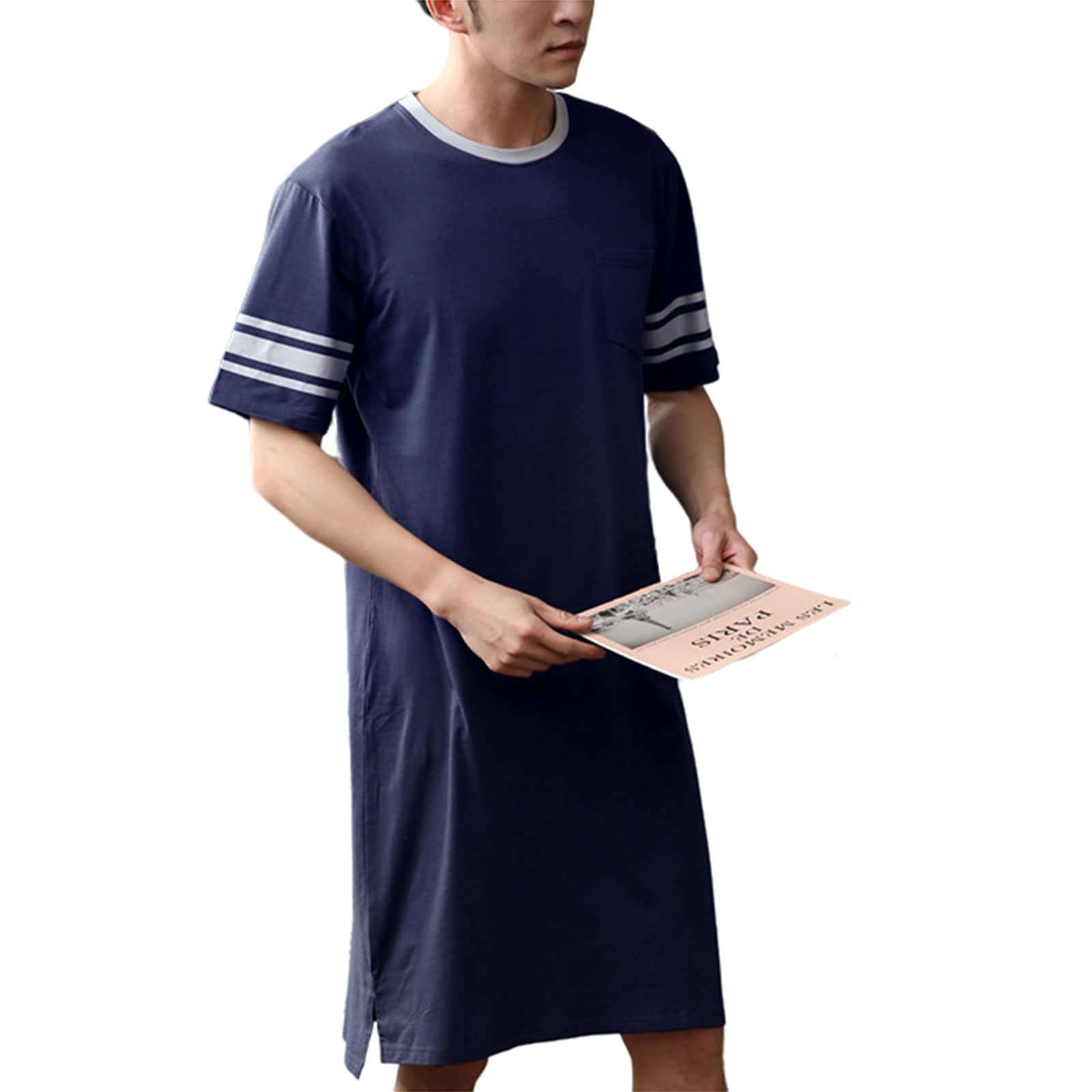 Aeyridepor Men's Long Nightshirt - Short Sleeve Sleep Shirt & Oversized Henley Neck Nightwear for Comfortable Sleep | Lounge Wear & Home Relaxation