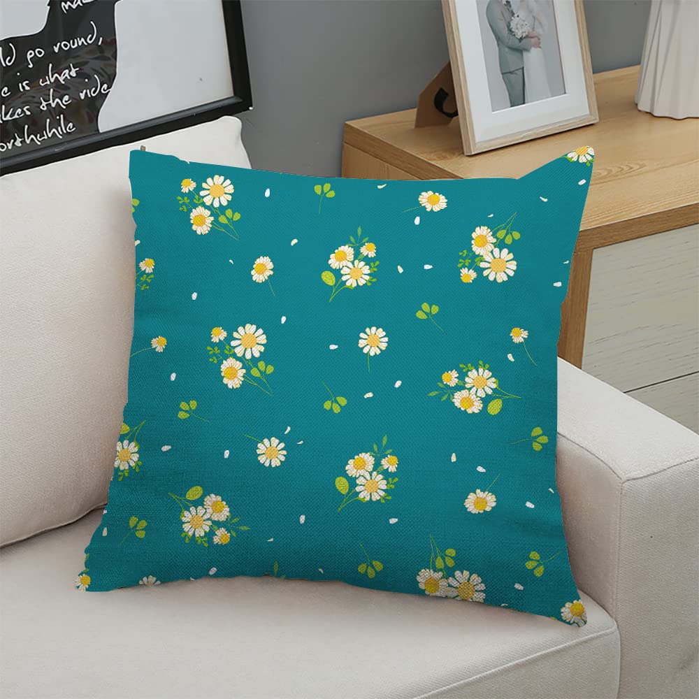 Decorative Square Throw Pillow Covers 18x18 Inch - Floral Daisy and Green Leaf Design for Sofa, Couch & Bed - Soft Cushion Cases for Living Room, Bedroom & Home Decor