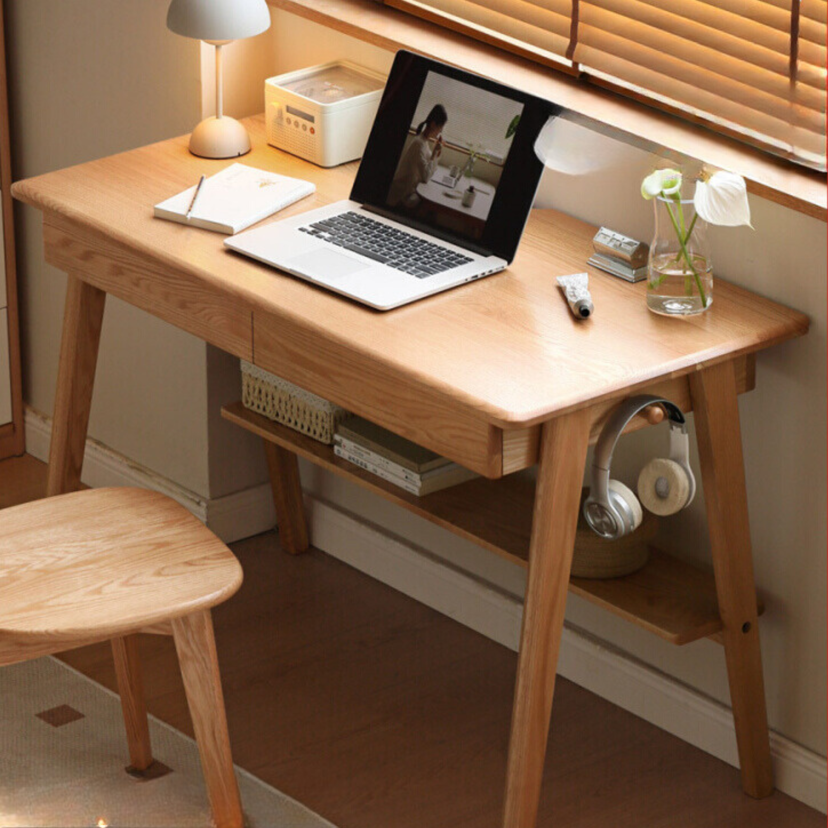 Solid Oak Wood Office Desk with Bottom Divider - Stylish & Durable Workspace Solution for Home Office or Study Room