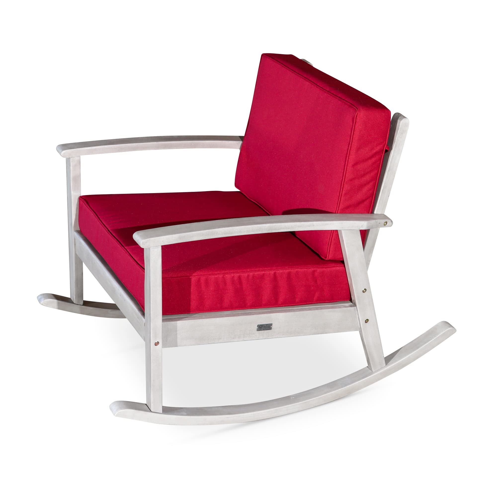 DTY Outdoor Living Longs Peak Deep Seat Eucalyptus Rocker - Silver Gray Finish with Burgundy Cushions | Patio, Garden & Porch Rocking Chair for Relaxing Outdoors