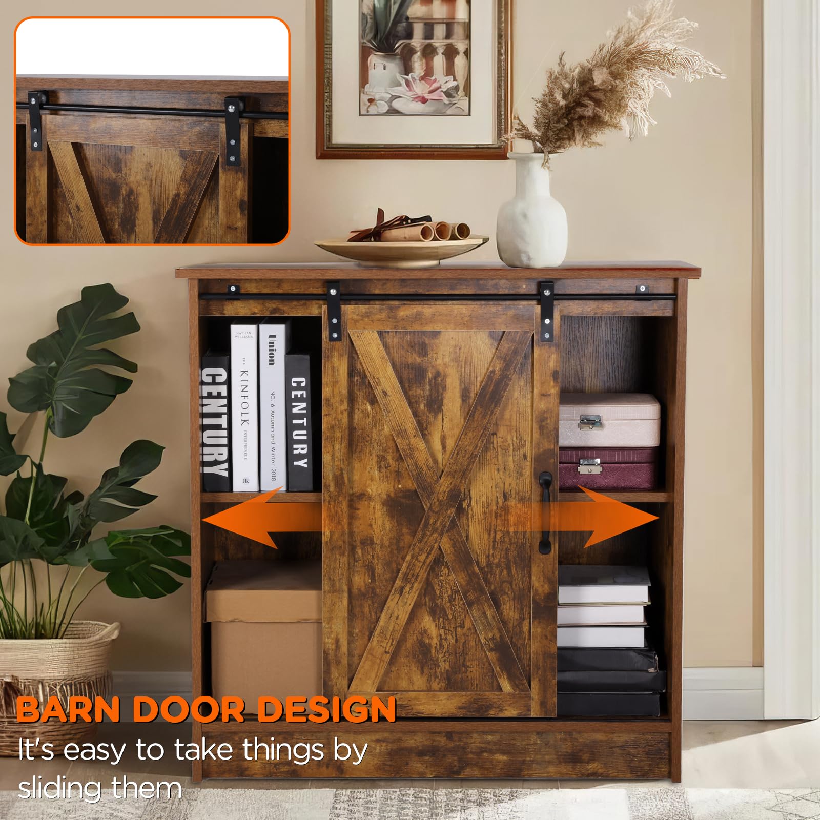Rustic Brown Coffee Bar Cabinet with Storage - Farmhouse Style Coffee Bar Table with Sliding Barn Door & Adjustable Shelves - Perfect for Kitchen, Dining Room or Living Room Coffee Station Setup
