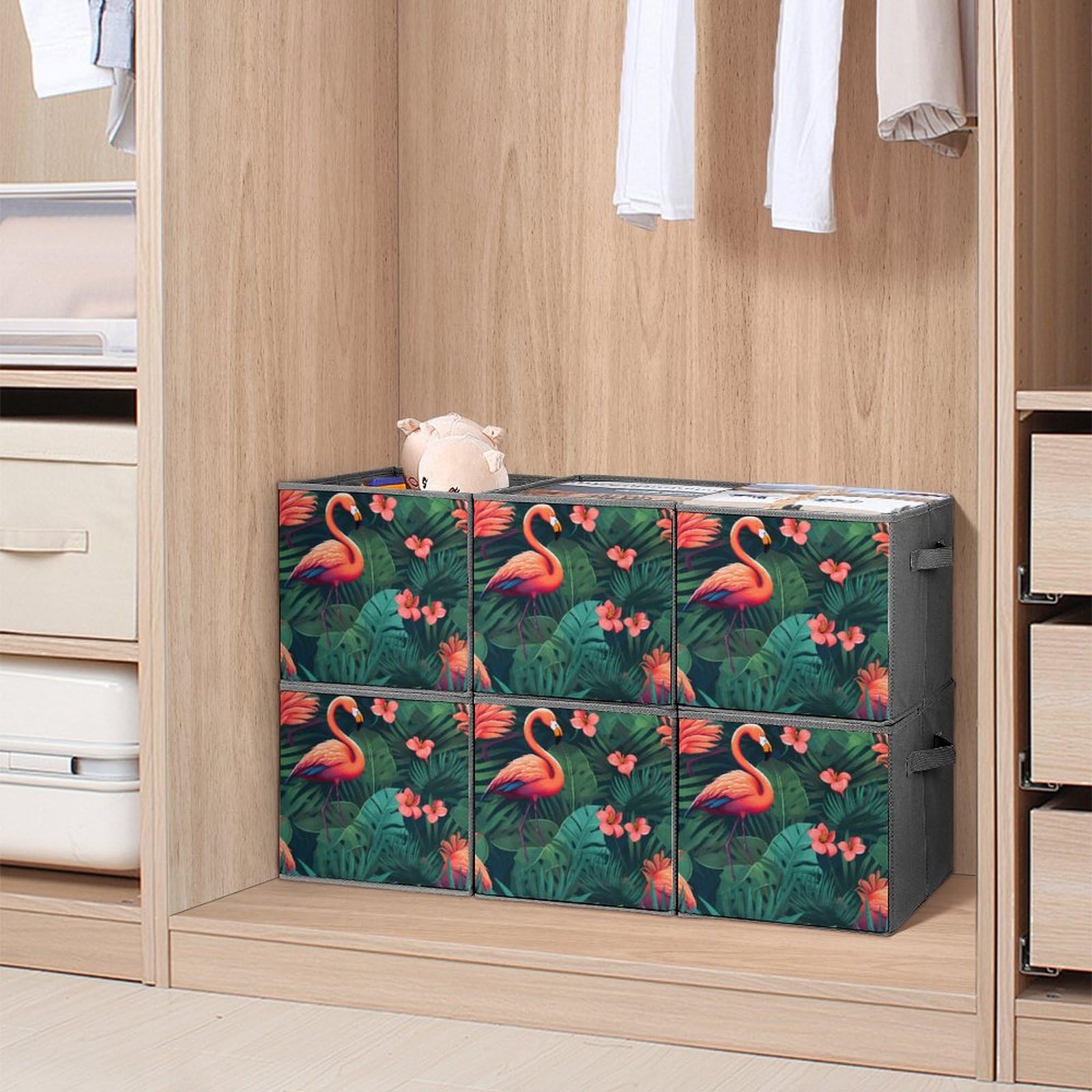 6-Pack Foldable Storage Cubes with Handles - Flamingo Tropical Flower Pattern Square Organizer Bins for Closet, Nursery, or Office Organization | Space-Saving Home Decor