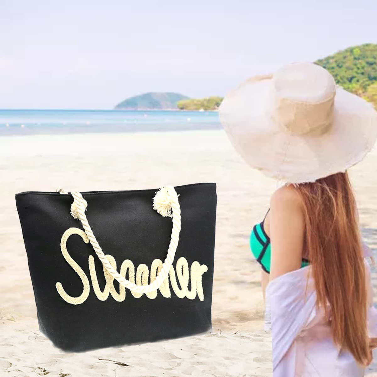JNF Large Beach Tote Bags for Women - Waterproof Summer Shoulder Bag with Zipper - Perfect for Beach Vacations, Pool Parties & Travel Accessories