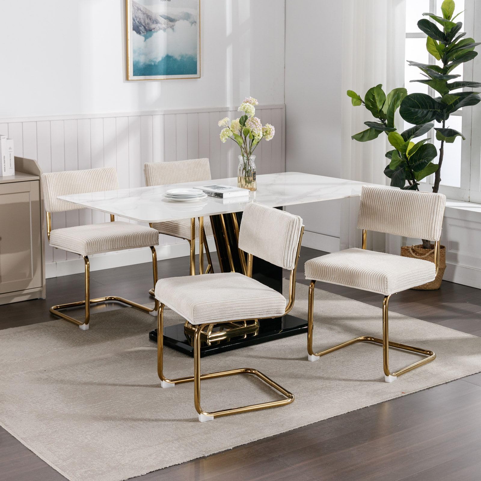 Rhomtree Modern Dining Chairs Set of 4 - Gold Metal Base & Corduroy Fabric Upholstery, Channel Tufted Armless Kitchen Chairs for Dining Room, Living Room, Bedroom - Beige | Elegant Home Decor & Comfortable Seating for Dinner Parties & Relaxation