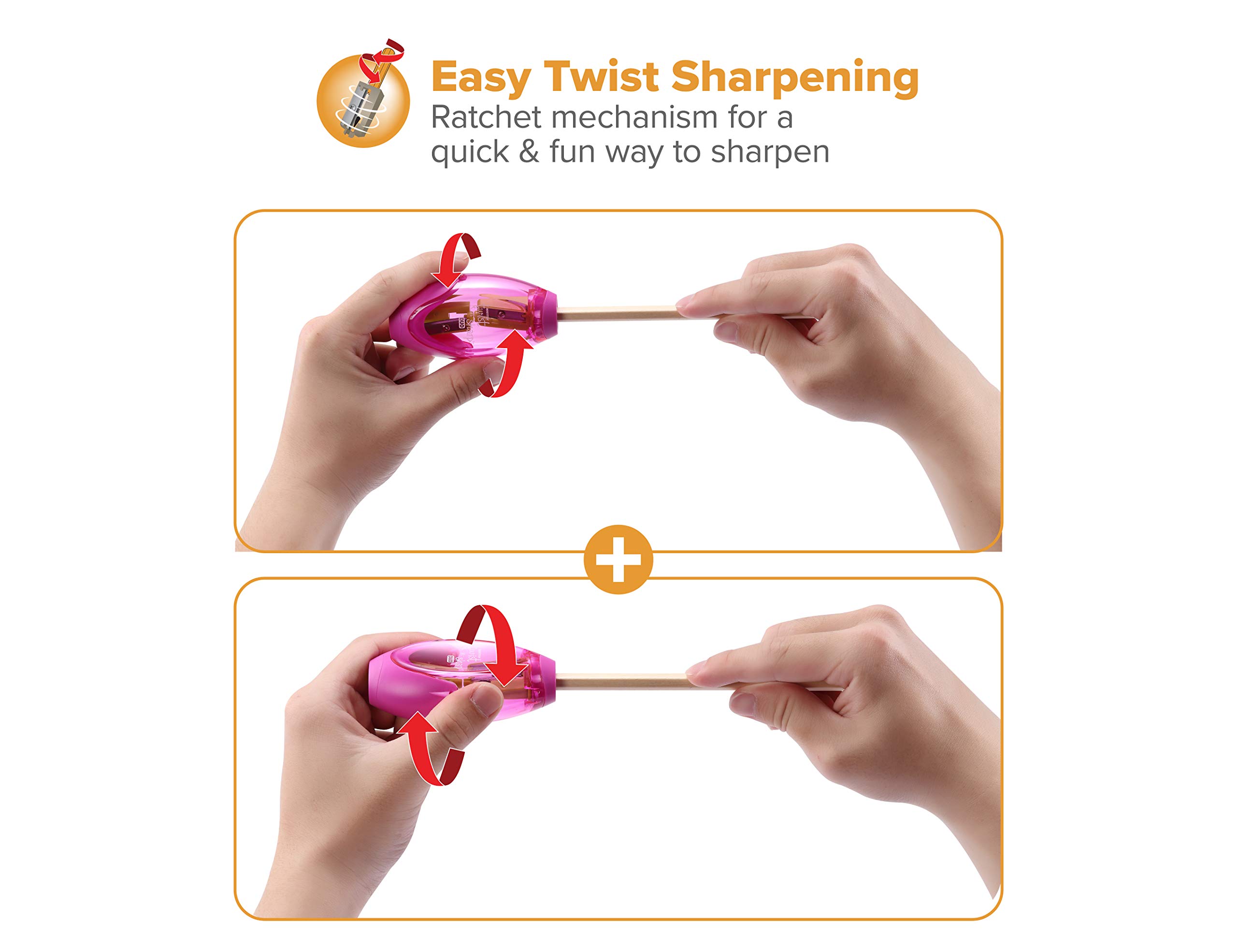 Bostitch Twist-N-Sharp Manual Pencil Sharpener - Dual Hole for Standard & Jumbo Pencils with Ratchet Technology - Random Color - Perfect for Office, School, and Art Projects