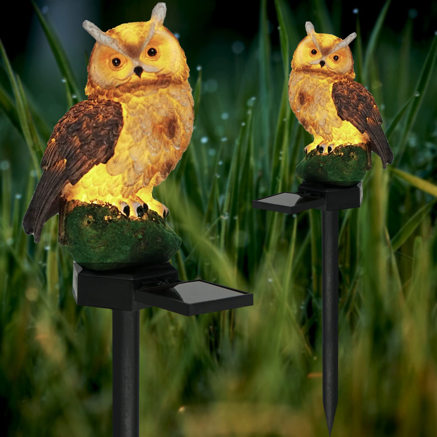 Solar Owl Garden Lights Outdoor Decor - 2PCS Waterproof Brown Resin LED Owl Stake Lights for Yard, Pathway, Patio & Lawn | Perfect for Nighttime Landscape Lighting & Garden Accents