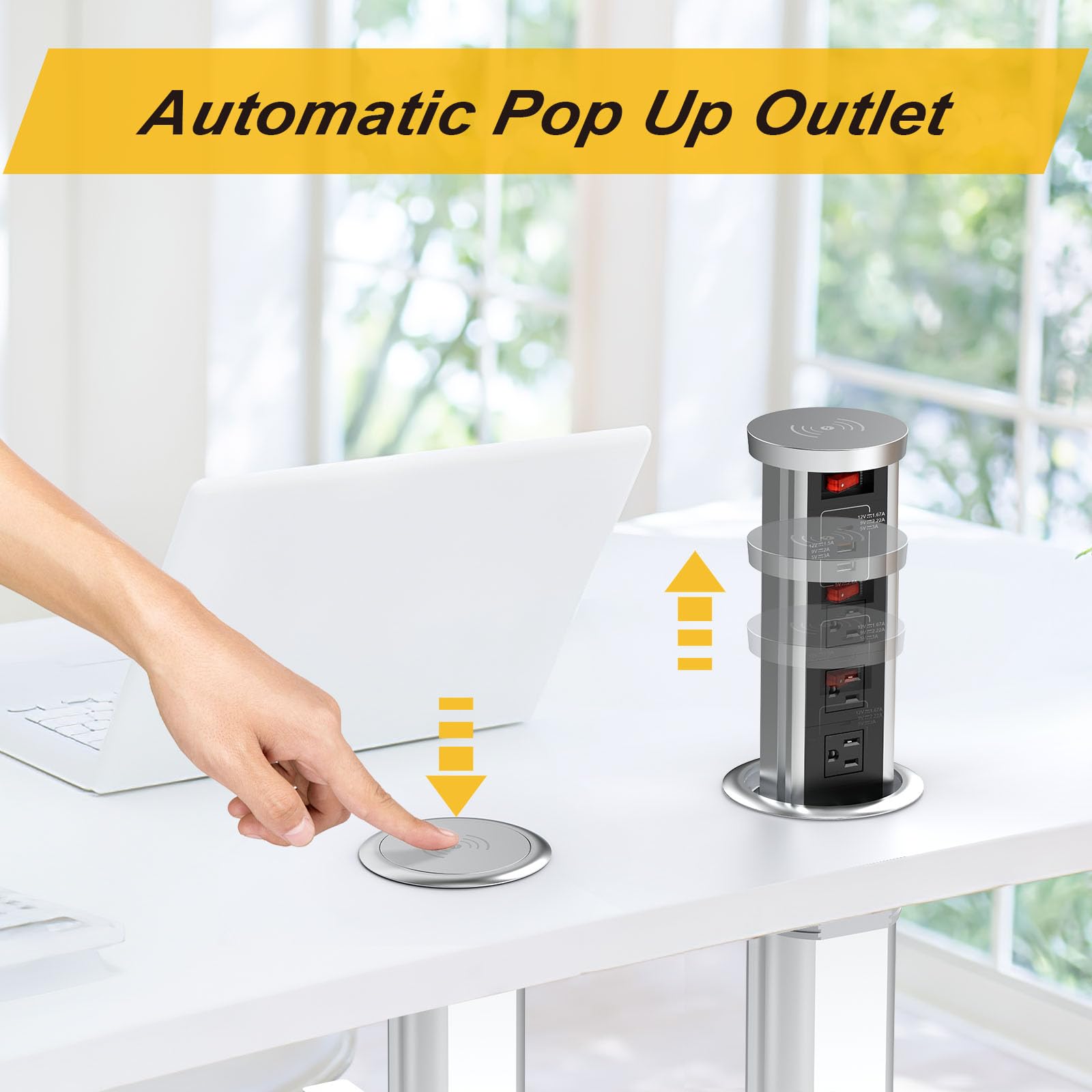 20W USB-C PD Automatic Pop-Up Outlet with 15W Wireless Charger - 3 AC Outlets & 3 USB Ports for Home, Office, Kitchen, Conference & Workbench - Space-Saving Power Strip (Black) | Perfect for Clutter-Free Desks, Countertops & Workstations