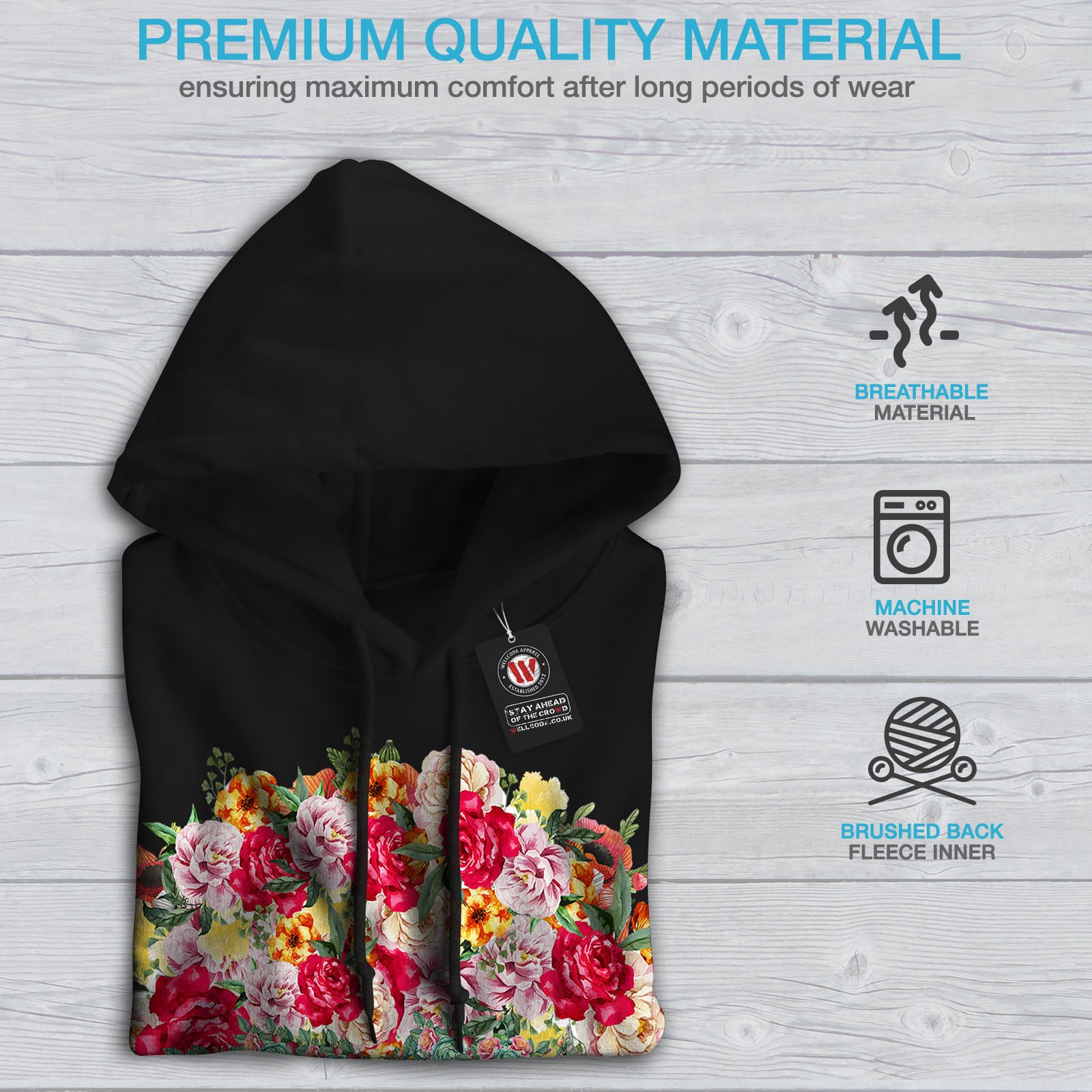 Wellcoda Skull Rose Flower Men's Hoodie - Gothic Streetwear Pullover Hooded Sweatshirt for Casual Wear & Halloween Costume
