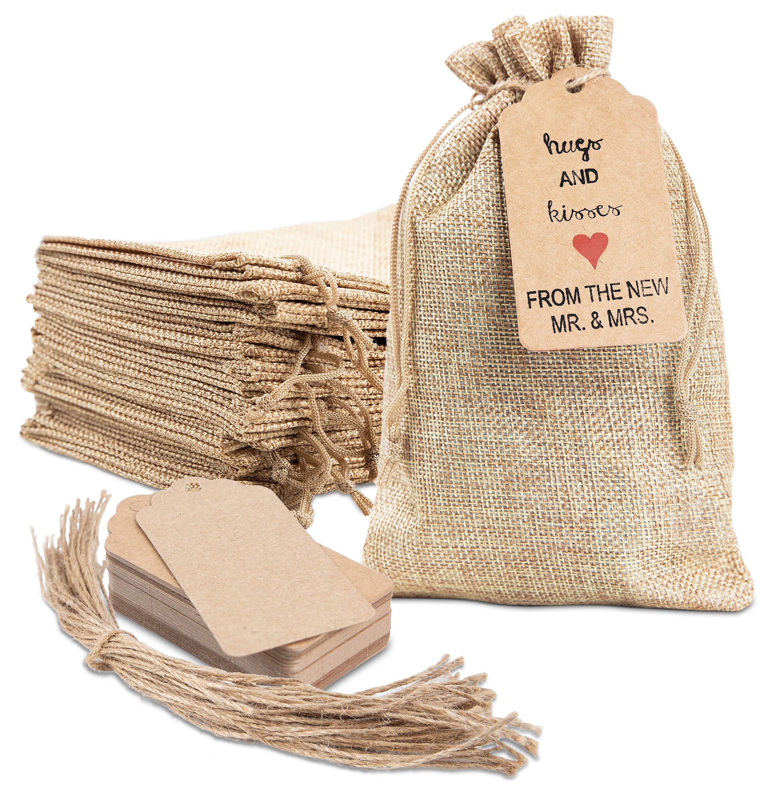 50 Pack 5x7.5 Inch Natural Burlap Drawstring Gift Bags with Bonus Tags & String - Small Party Favor Bags for Birthdays, Weddings, Baby Showers & Craft Projects - Eco-Friendly Bulk Gift Packaging for Kids & Adults
