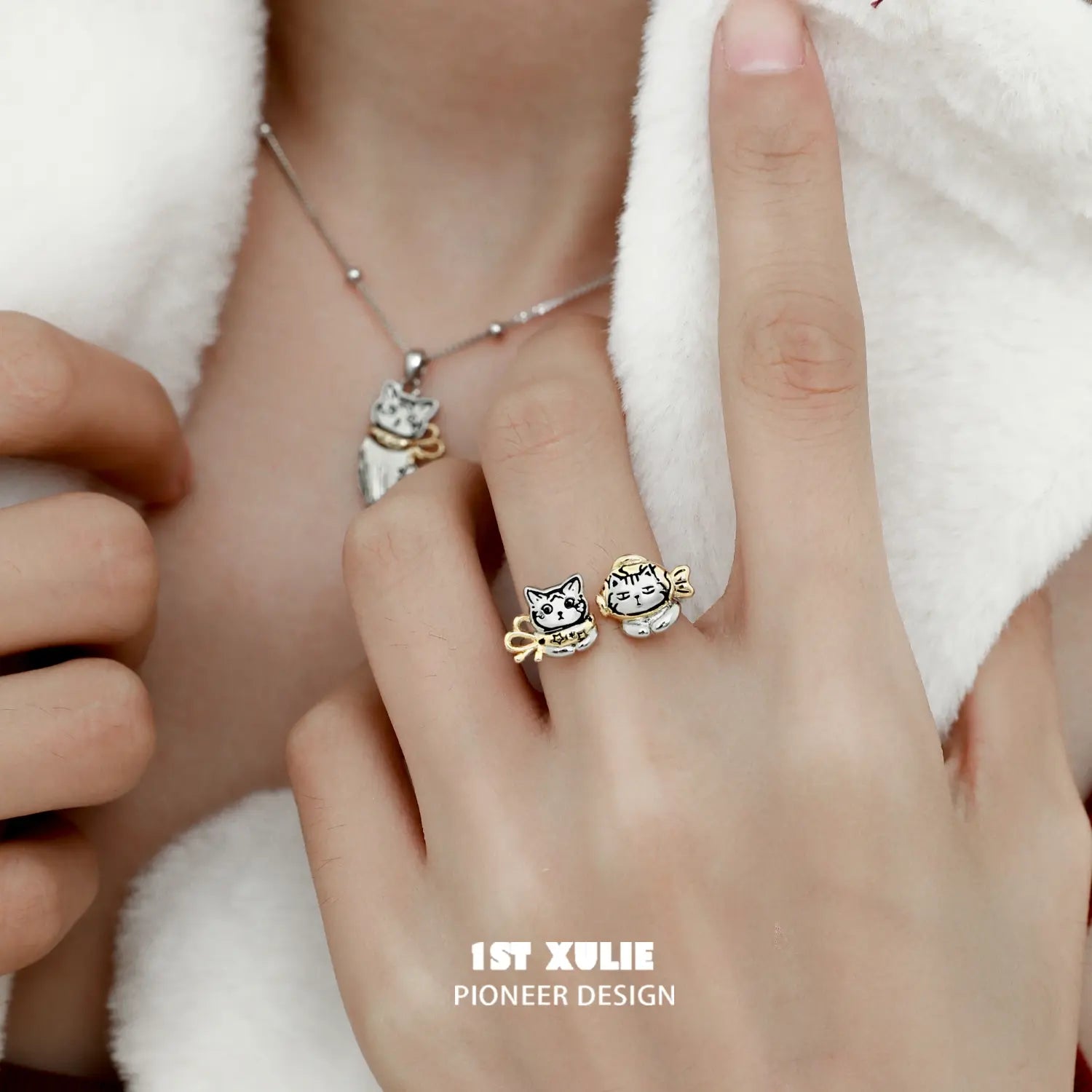 18K Platinum Plated Graffiti Kitten Ring - Trendy Cat Jewelry for Women - Perfect Gift for Cat Lovers, Birthday & Anniversary - Stylish Everyday Wear & Special Occasions