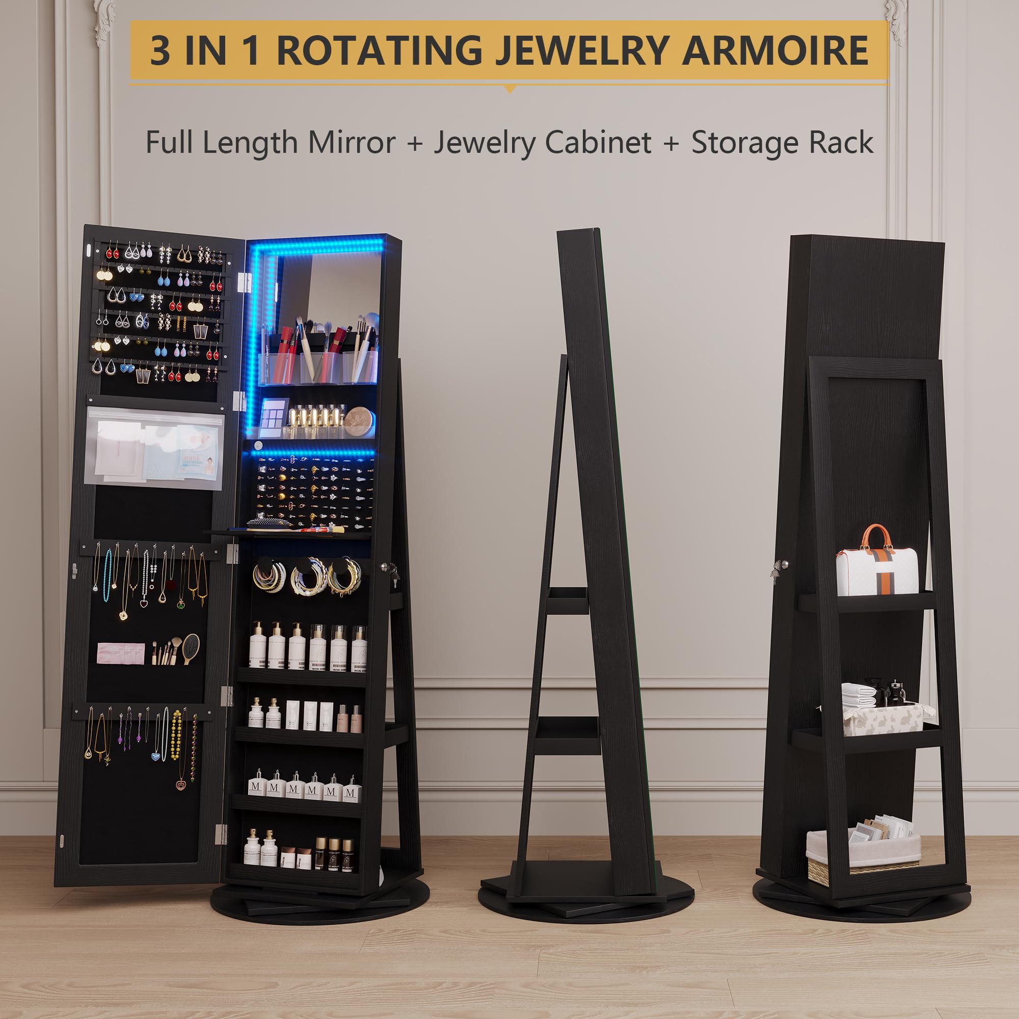 360° Swivel Jewelry Cabinet with LED Lights & Full-Length Mirror - Large Lockable Jewelry Armoire Organizer with Storage Shelves, Free Standing Mirror for Bedroom & Closet (Black) - Perfect for Jewelry Storage, Display & Dressing Room Organization