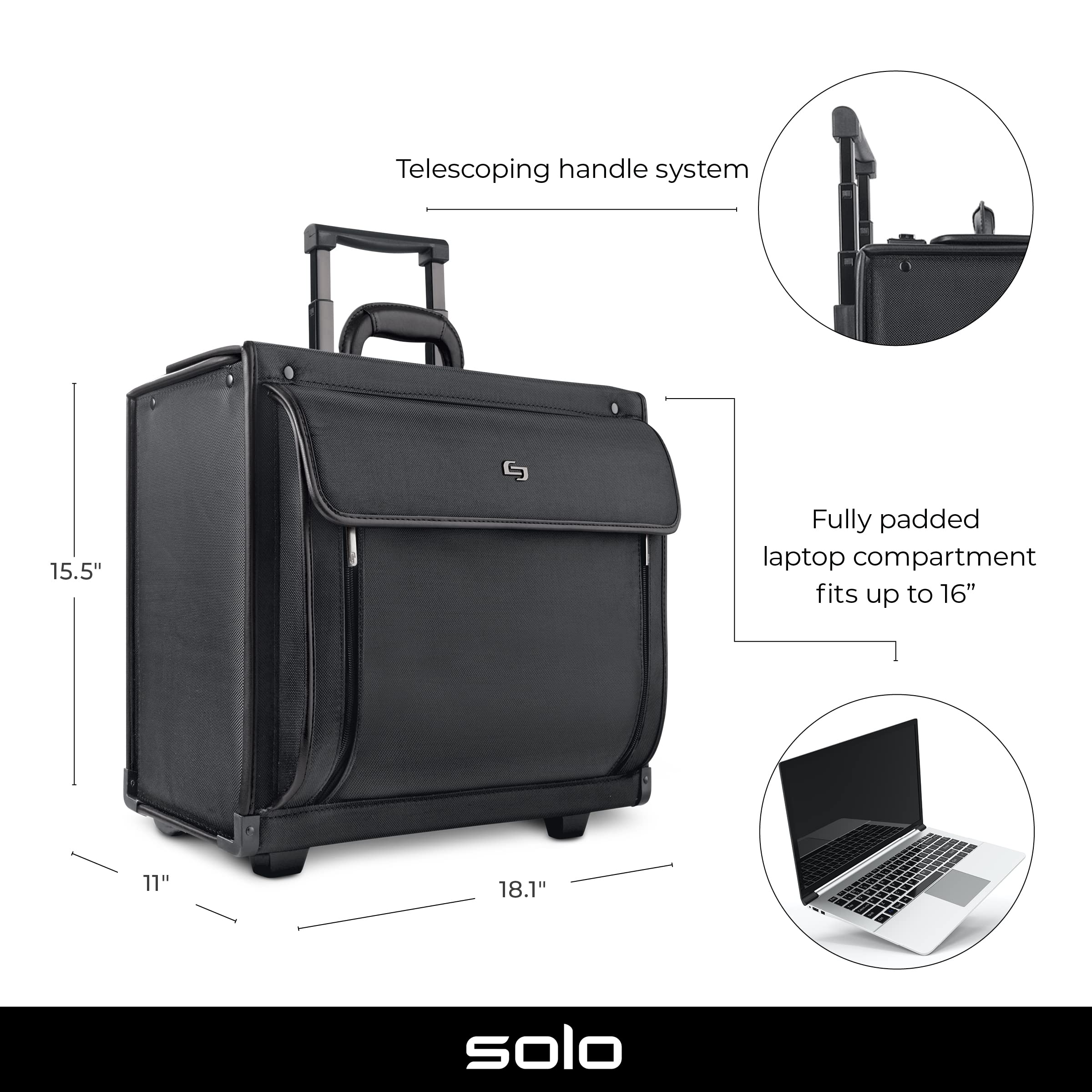 Solo New York Herald Rolling Catalog Case - Padded 16 Inch Laptop Compartment, Dual Combination Locks, 2-Wheel Hard Sided Briefcase for Men & Women (Black) - Perfect for Business Travel, Office Commute & Professional Meetings