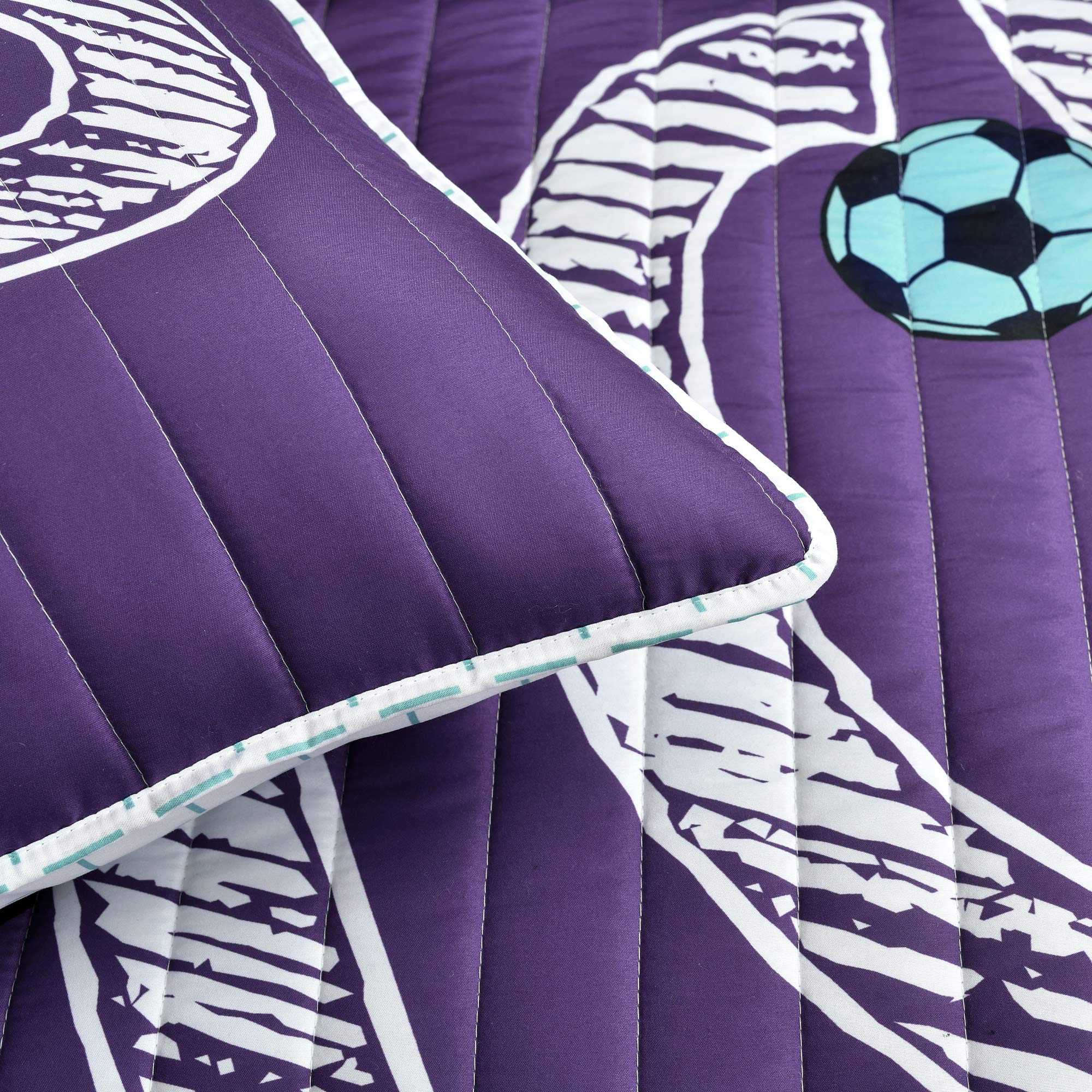 Lush Decor Girls Soccer Bedding Set - 5 Piece Full/Queen Reversible Comforter Quilt with 2 Pillow Shams & 2 Accent Pillows - Purple - Perfect for Kids' Bedrooms, Teen Rooms & Sports-Themed Decor