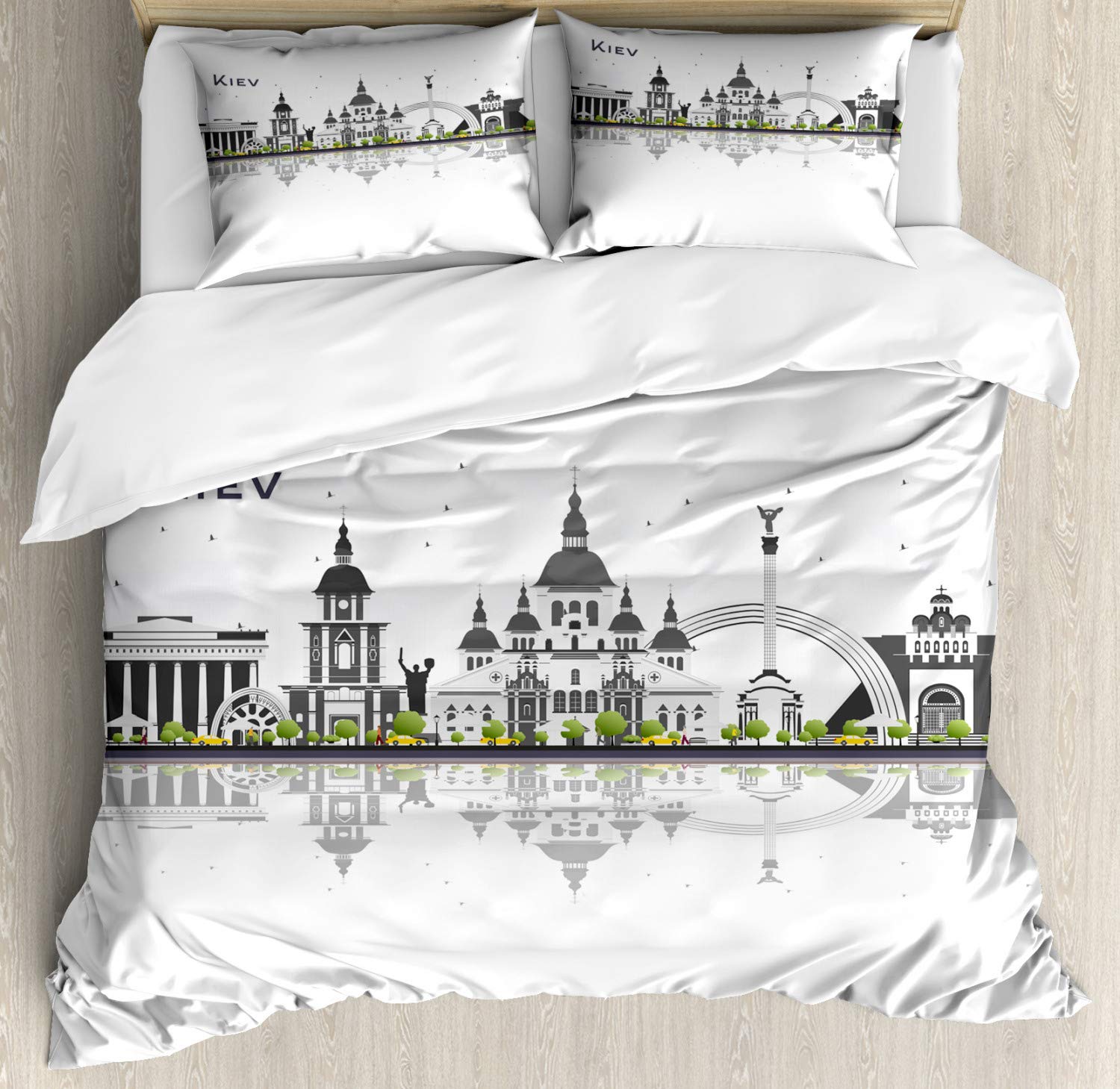 Ambesonne Travel Duvet Cover Set - Modern Kiev Skyline with Iconic Landmark Buildings & Water Reflection - 3 Piece King Size Bedding Set with 2 Pillow Shams in Dark Grey & Pale Taupe - Perfect for Home Decor, Guest Rooms & Vacation Rental Styling