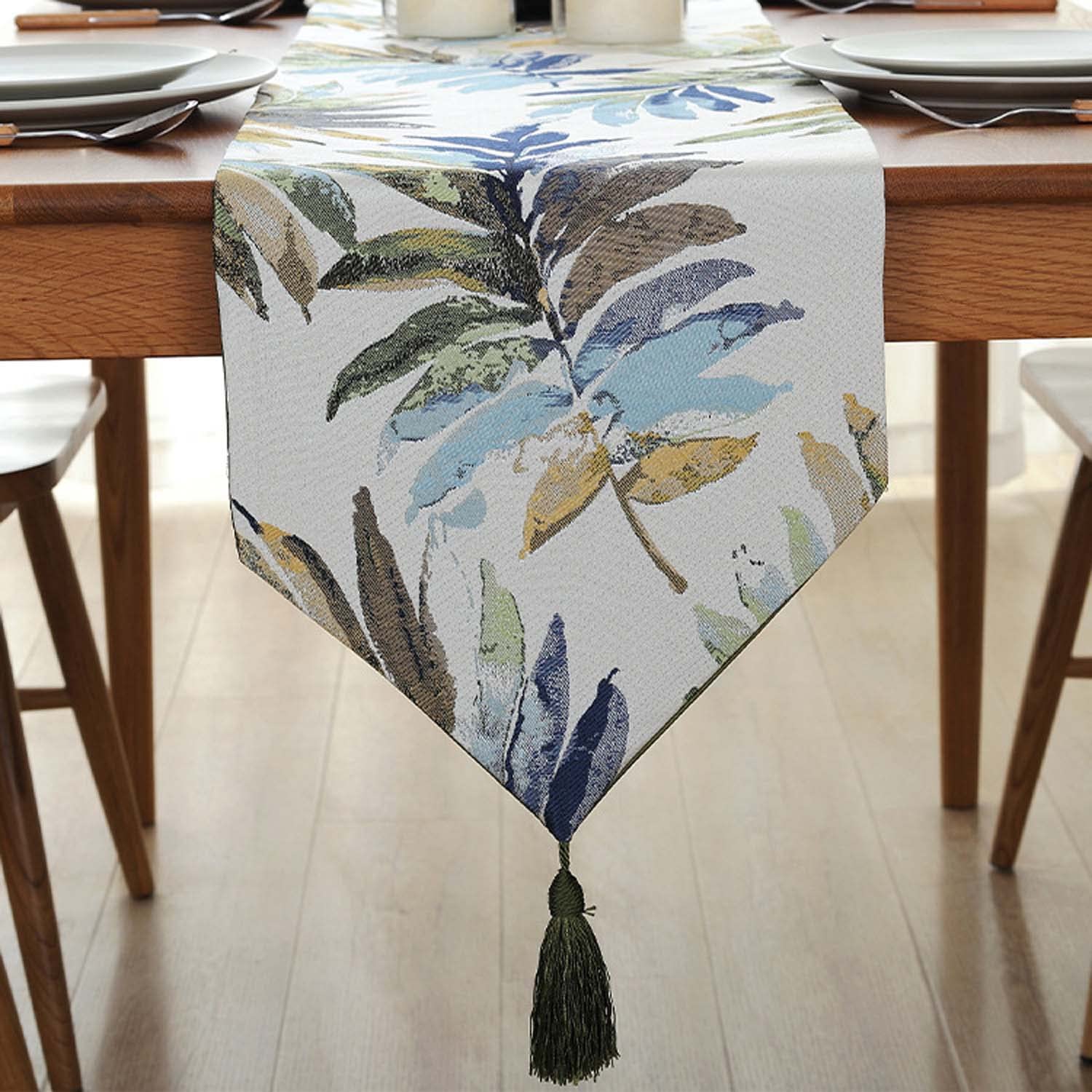 Elegant Blue Damask Satin Table Runner with Tassels - 13x86 Inch Set of 2 - Soft Modern Brocade Table Scarf for Dining Room, Kitchen, Coffee Table, TV Cabinet & Dresser Decor - Perfect for Holiday Dinners, Wedding Decor & Home Staging