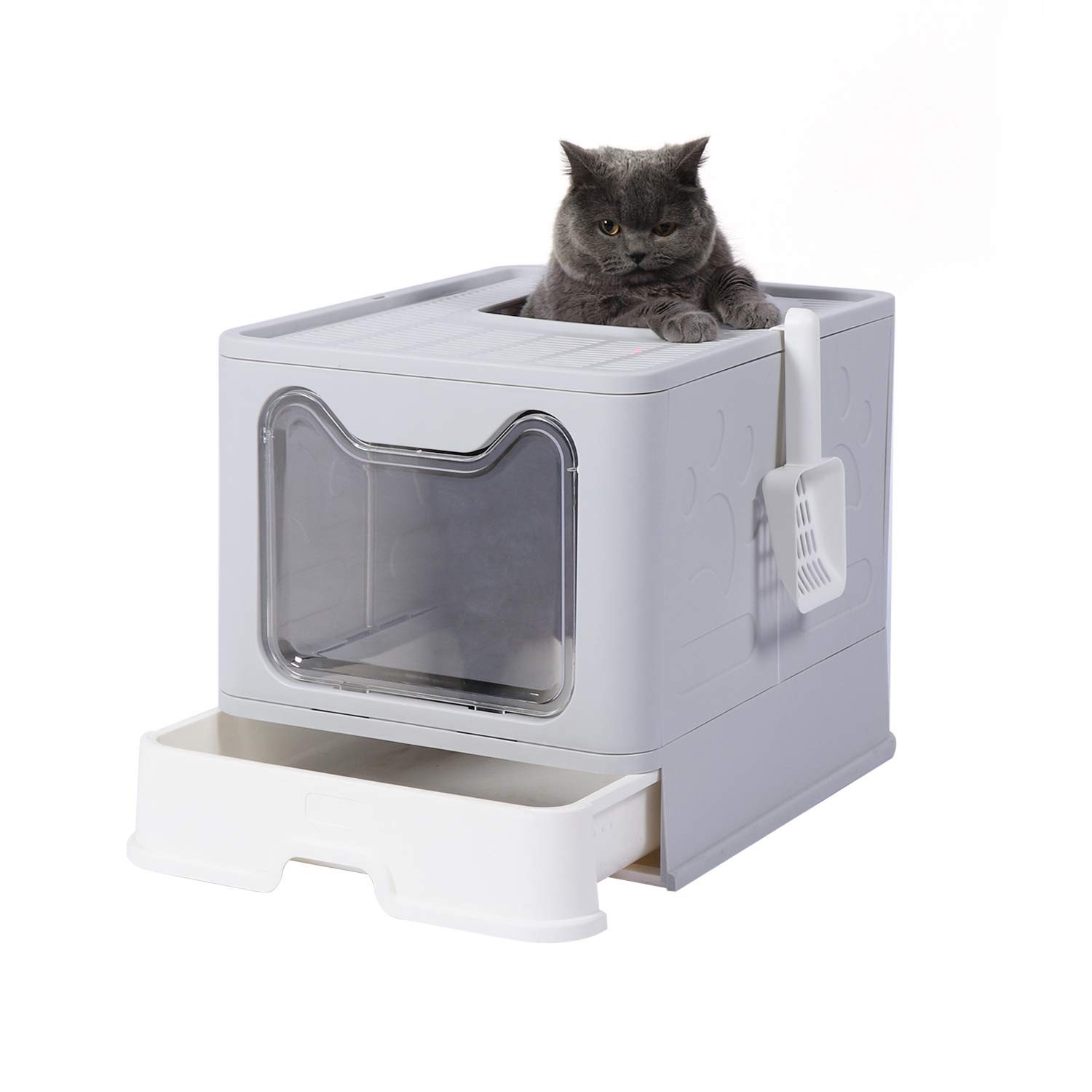 GENENIC Large Foldable Cat Litter Box with Lid - Top Entry Design for Anti-Splashing - Includes Plastic Scoop (Grey) | Perfect for Small Spaces & Travel | Odor Control for Home & Apartments