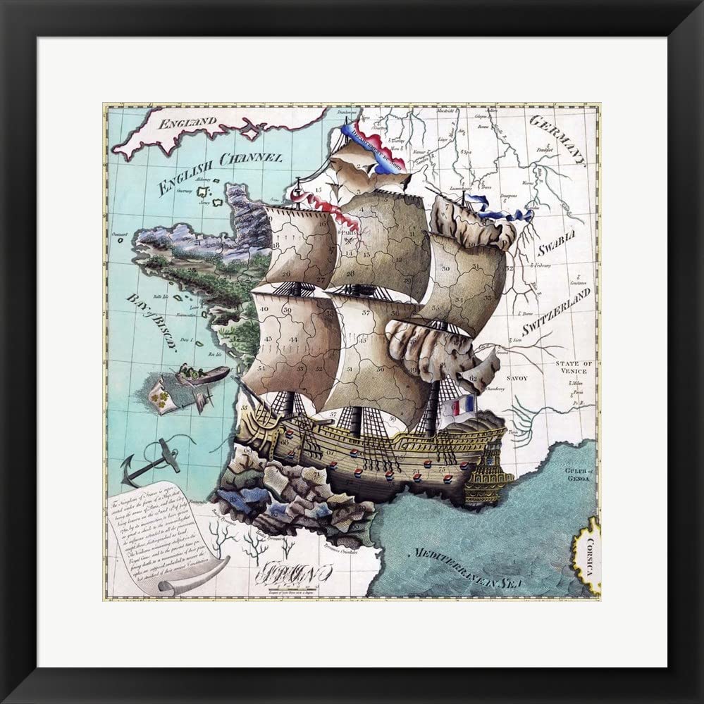 Vintage 1796 Map of France As A Ship - Lavoie Framed Art Print, Black Wood Frame 24x24 Inches - Perfect for Home Office, Living Room & Gifts