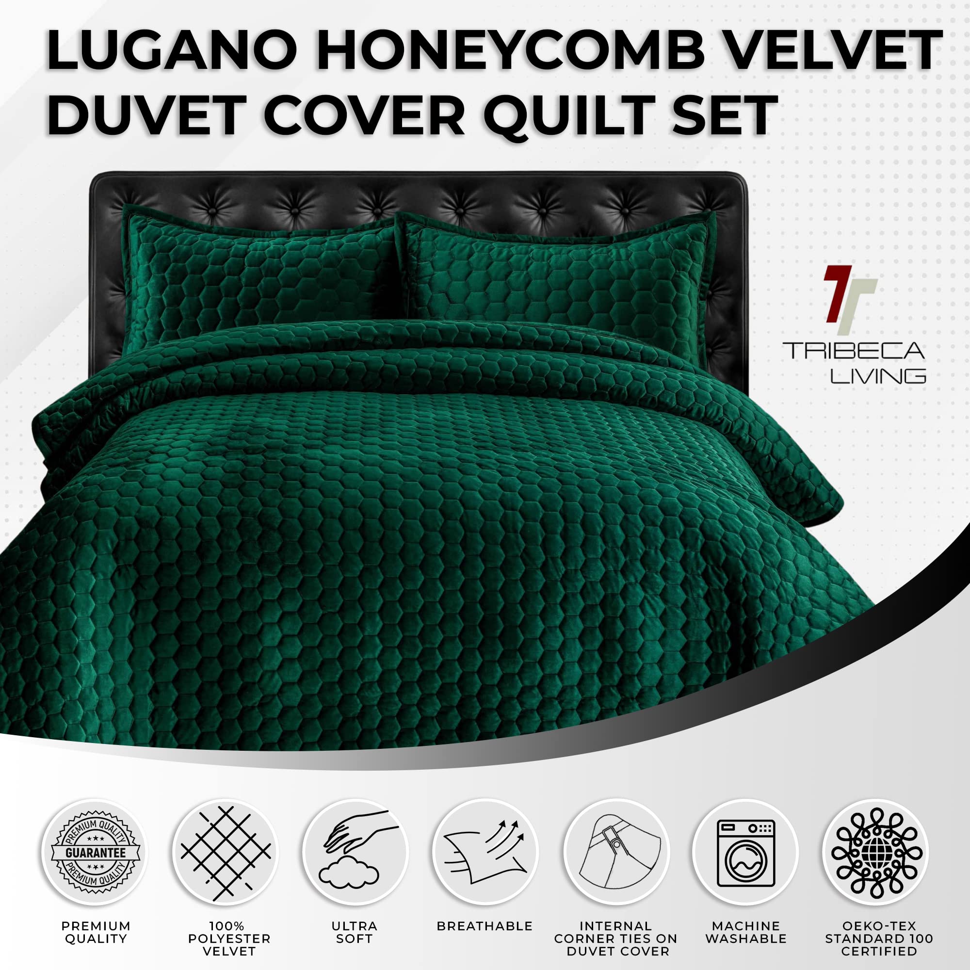 Tribeca Living Velvet Queen Quilt Set - 3 Piece Honeycomb Stitch Bedding with Super Soft 260GSM Velvet, Oversized Quilt & 2 Sham Pillowcases in Emerald Green - Luxury Bedroom Decor for Master Suite, Guest Room & Cozy Winter Nights