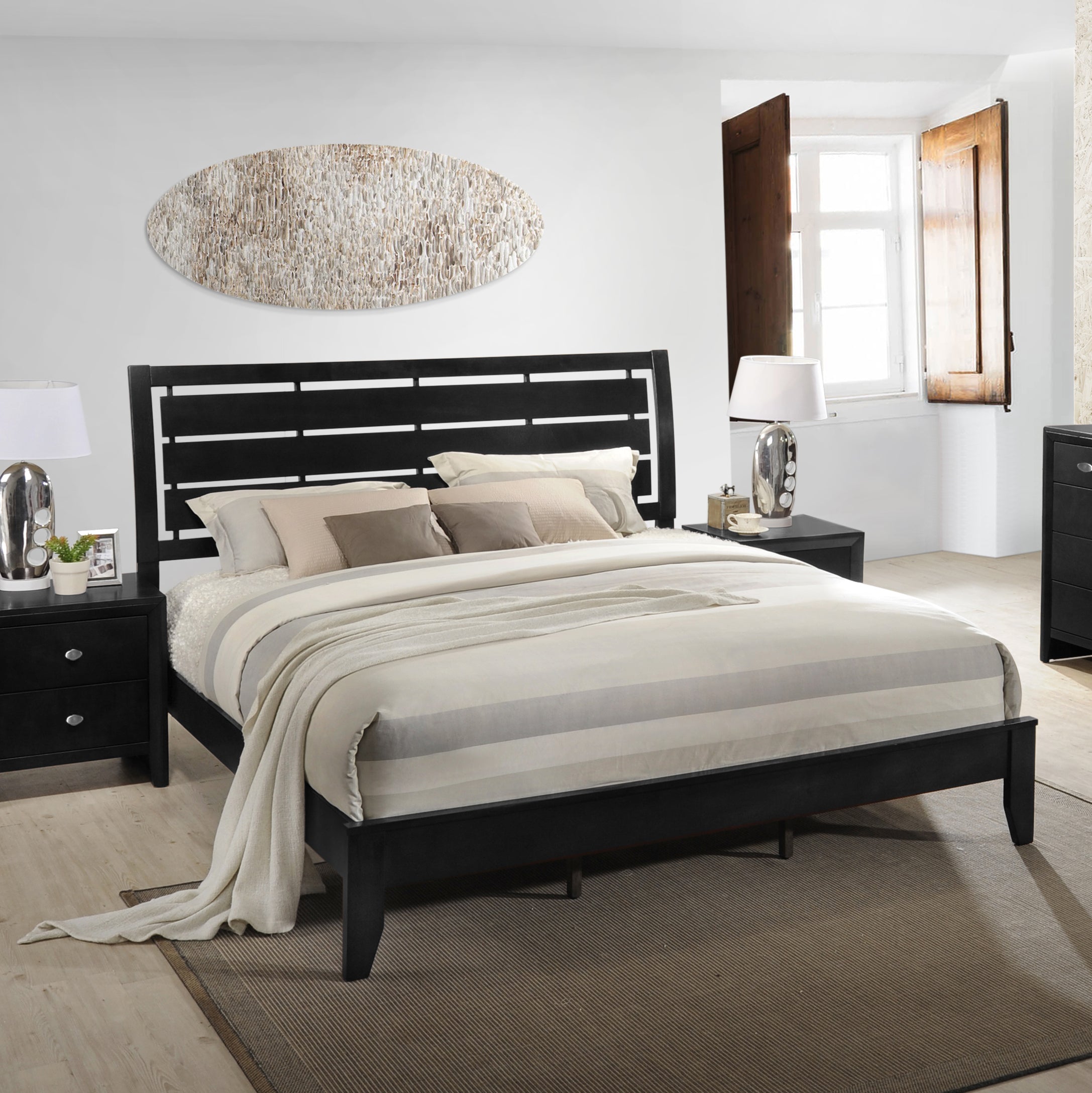 Ecrille Panel Bed with Slatted Headboard - Queen Size Black Wooden Bed Frame for Modern Bedroom | Perfect for Master Bedroom, Guest Room & Apartment