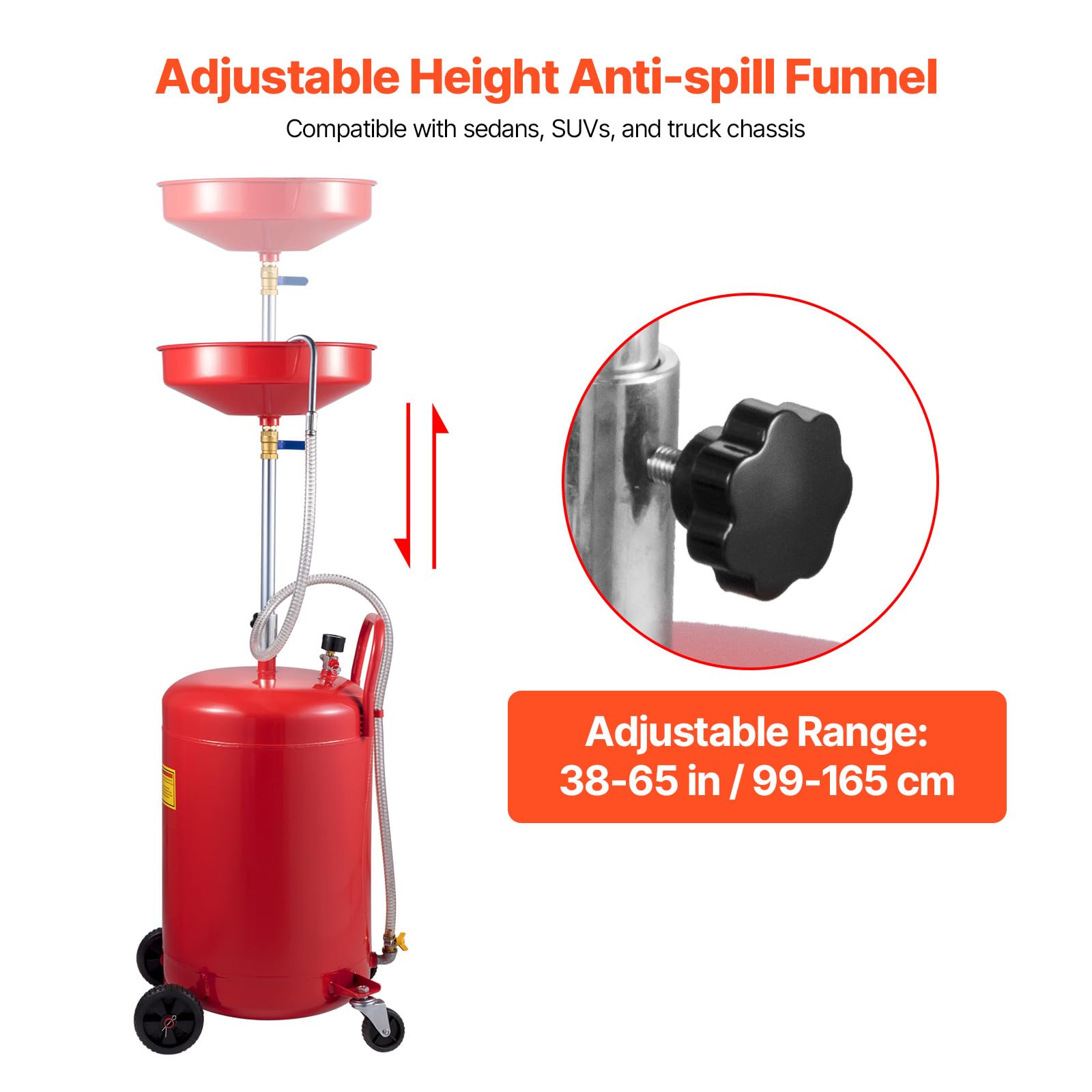 VEVOR 20-Gallon Portable Waste Oil Drain Tank - Air Operated Oil Drainer with Adjustable Funnel & Wheels for Auto Repair Shops, Garages - Ideal for Fluid Fuel Transfer, Oil Changes & Drainage in Professional Workshops
