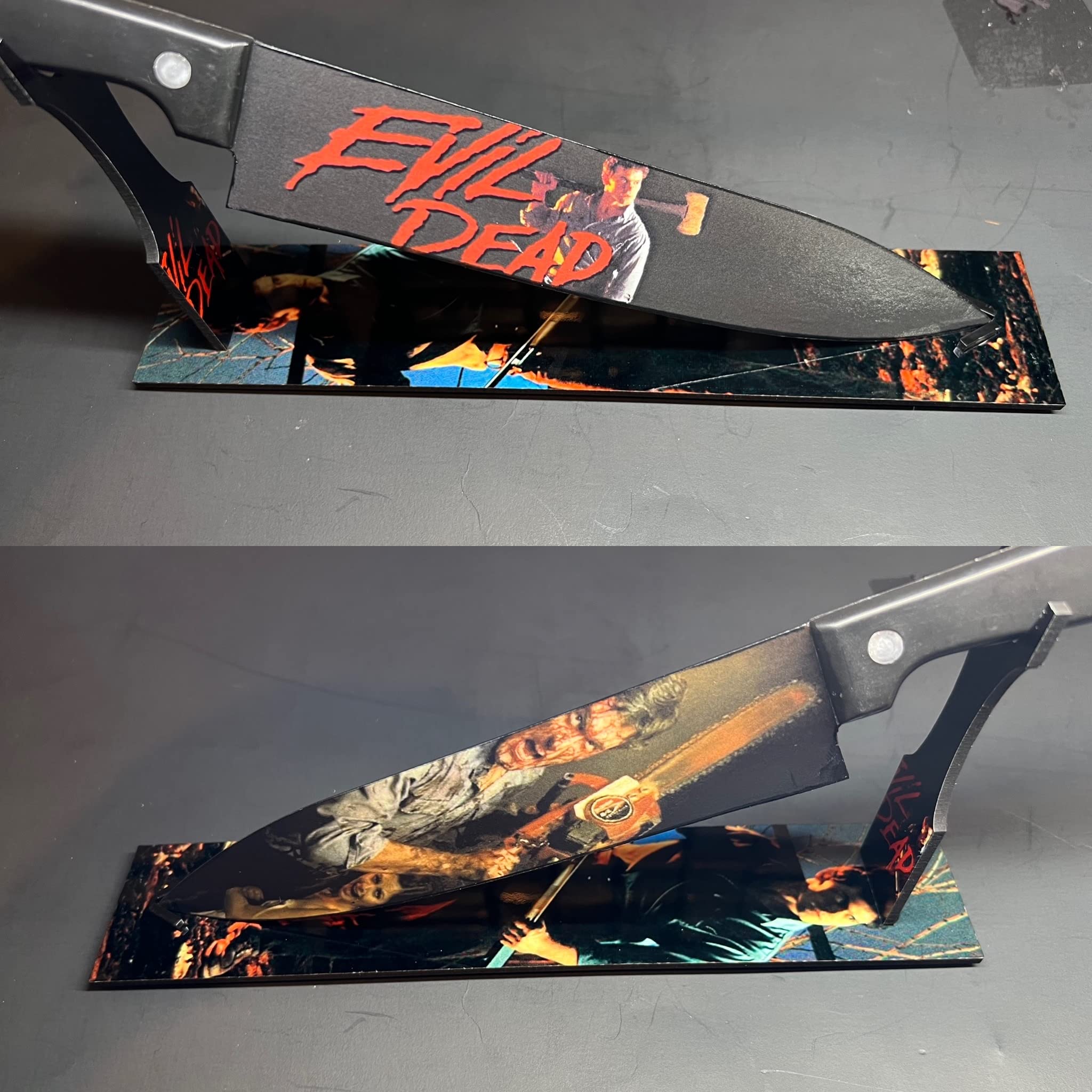 Evil Dead 1981 Replica Knife with Sublimated Display Stand - Perfect for Horror Movie Collectors, Halloween Decor & Cosplay Props