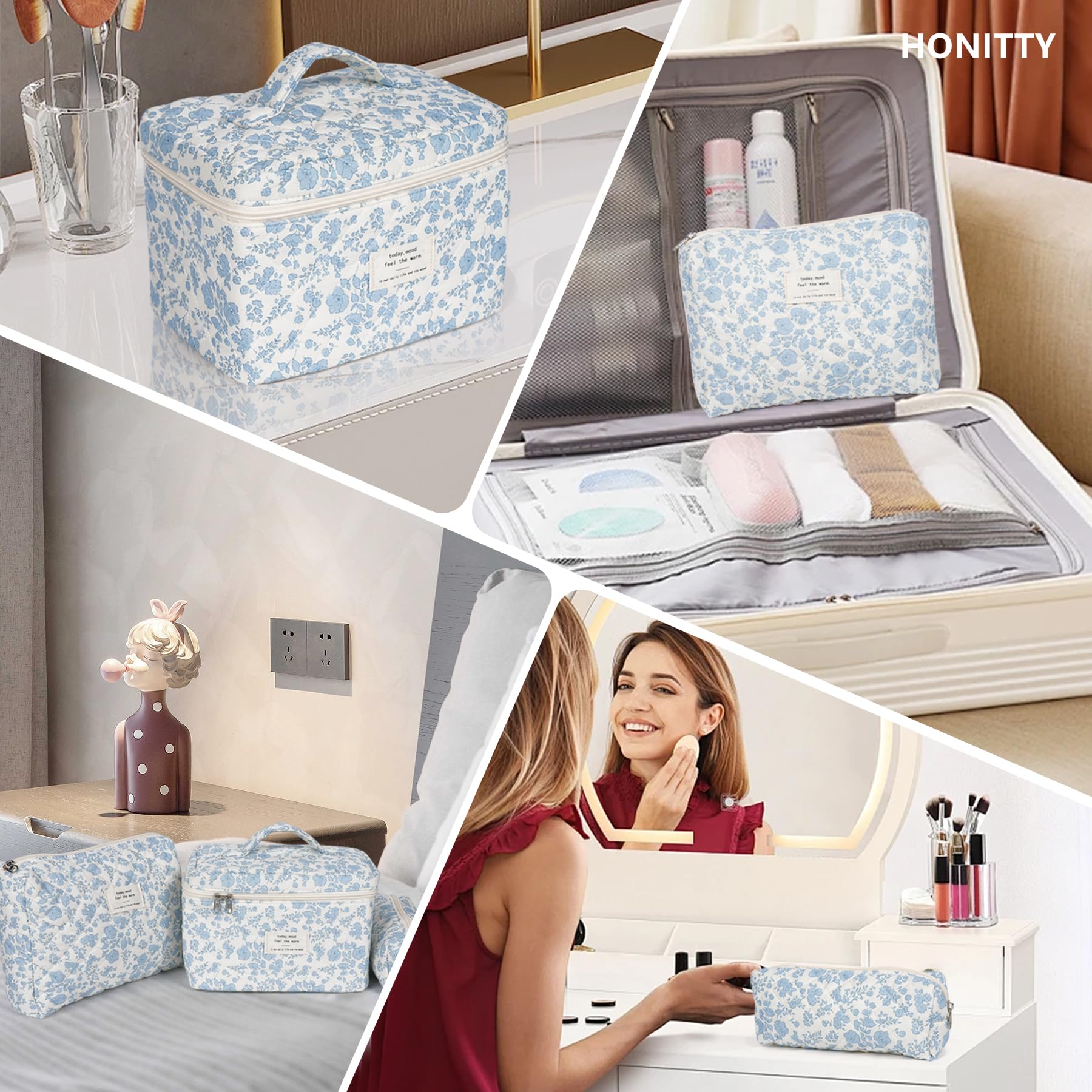 Floral Quilted Makeup Bag for Women - Travel Toiletry Organizer
