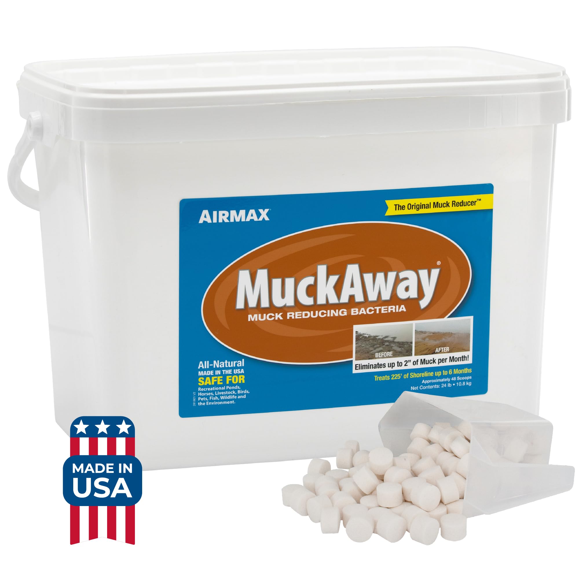 **Airmax MuckAway Natural Beneficial Bacteria for Ponds & Lakes – Muck, Sludge & Odor Eliminator – Safe Enzyme Tablets for Fish & Wildlife – 48 Scoops – Clean Beaches & Shorelines – Perfect for Outdoor Water Maintenance**    *(Use Cases: Ideal for pond owners, lake maintenance, beach cleanup, and improving water quality for fish and wildlife habitats.)*