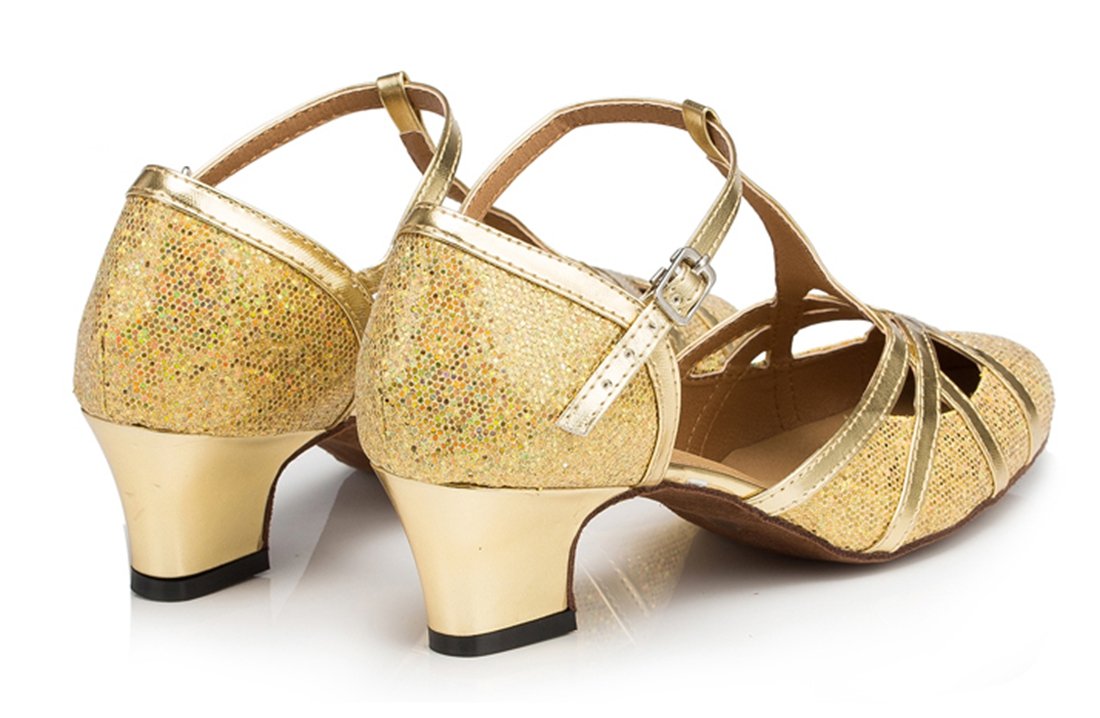 TDA Women's T-Strap Glitter Dance Shoes for Salsa, Tango, Ballroom & Latin - 5cm Heel, Gold Glitter (Size 8.5) | Perfect for Dance Parties, Performances & Social Events