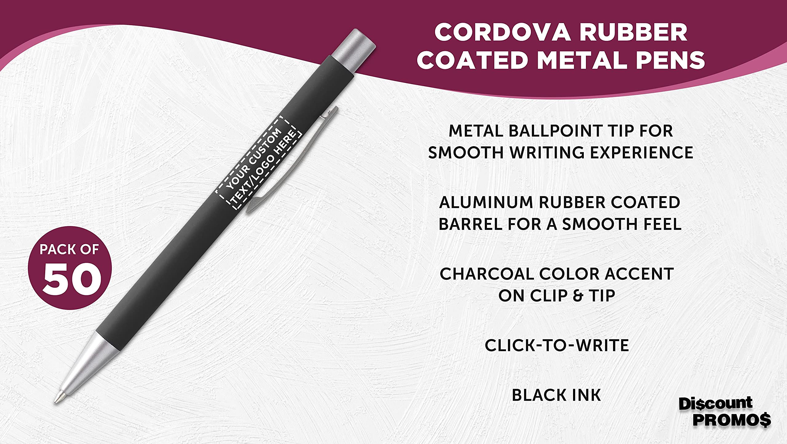 50-Pack Cordova Rubber Coated Metal Pens with Custom Text/Logo - Smooth Writing Push Action Black Ink Pens for Office, School & Business Promotions (Black)