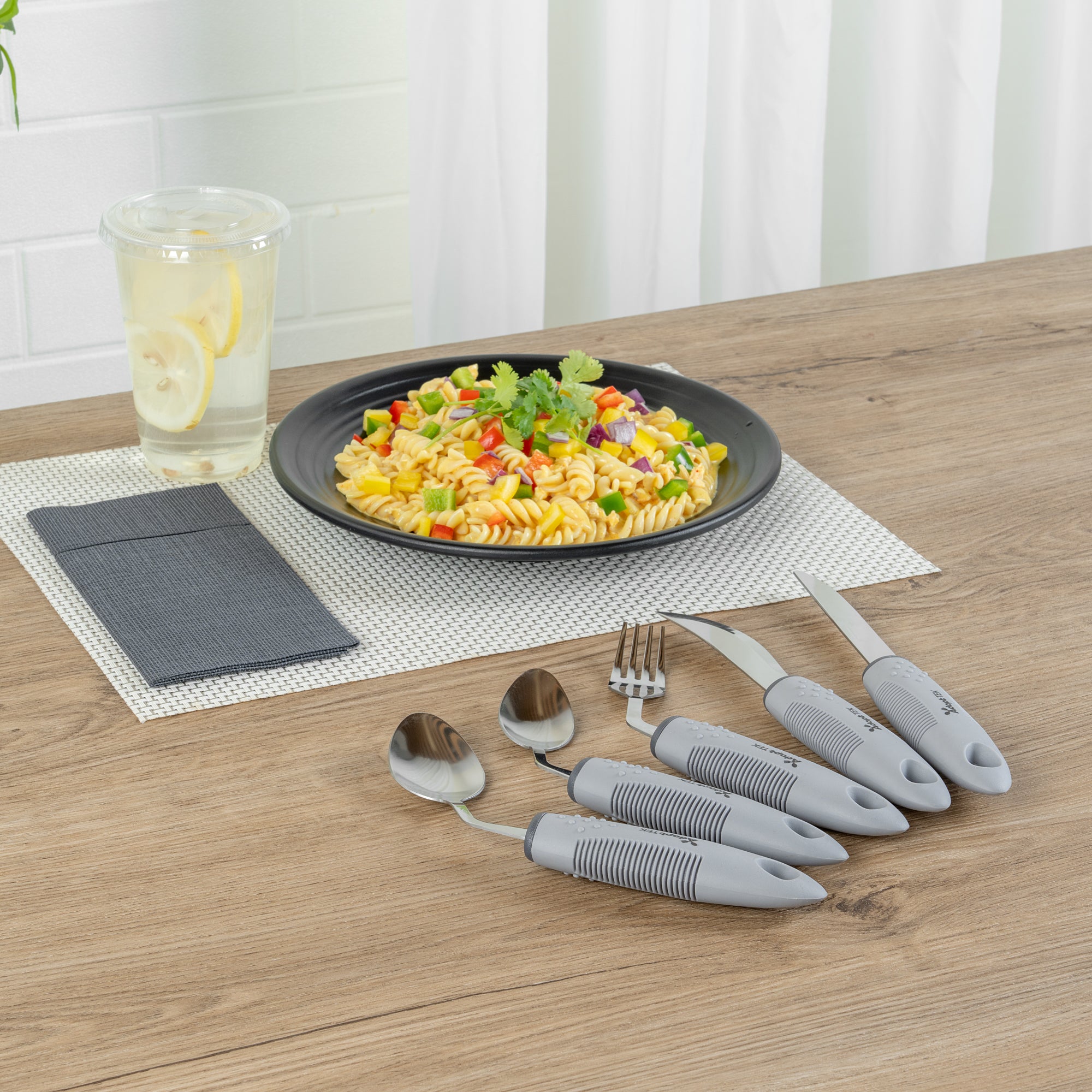Adapt Tek Gray Stainless Steel 5-Piece Adaptive Offset Utensil Set for Left-Handed Users - Lightweight, Non-Slip Grip - Perfect for Arthritis & Limited Mobility - Kitchen & Dining Essentials (1 Count)