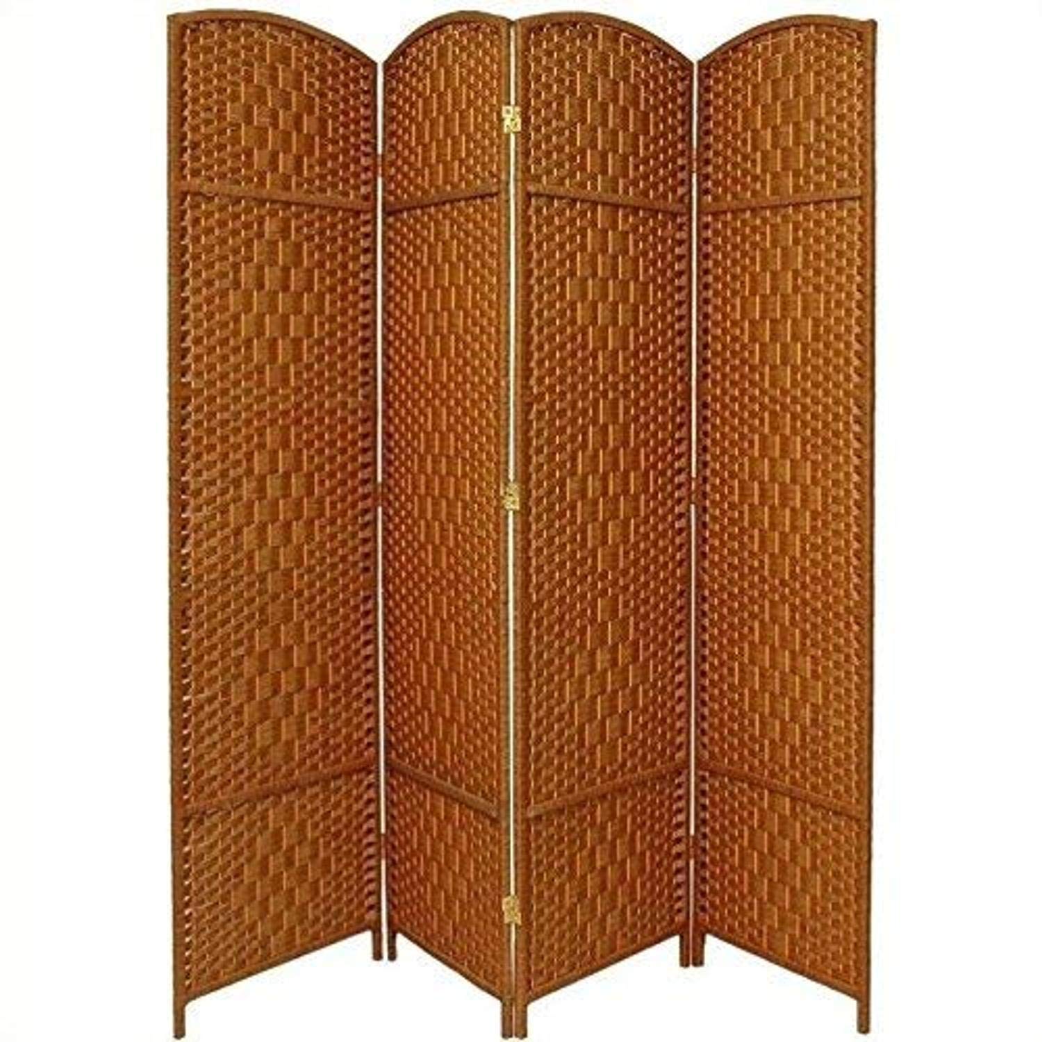 7 ft. Tall Diamond Weave Room Divider Screen - Dark Beige Oriental Folding Partition with 4 Panels for Home, Office & Event Space Decoration