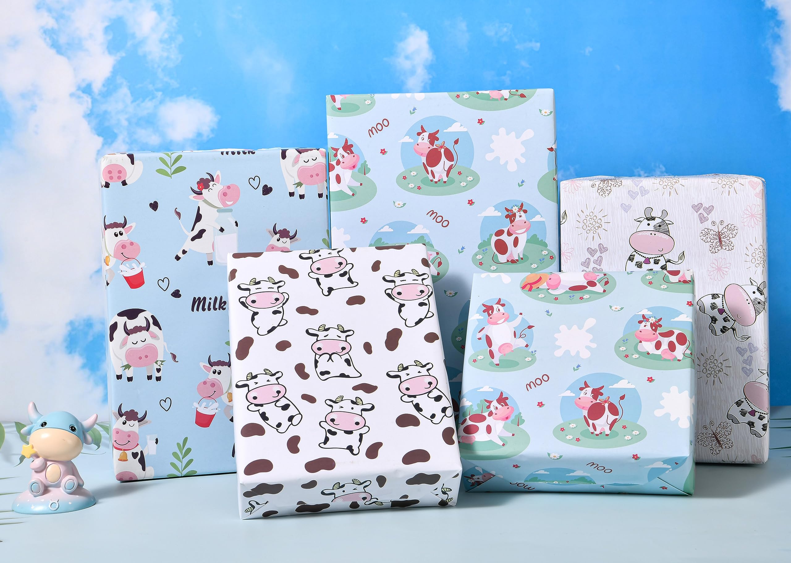 Cow Print Wrapping Paper - 12 Sheets Farm Animal Theme Gift Wrap for Birthday, Baby Shower & Christmas (19.7