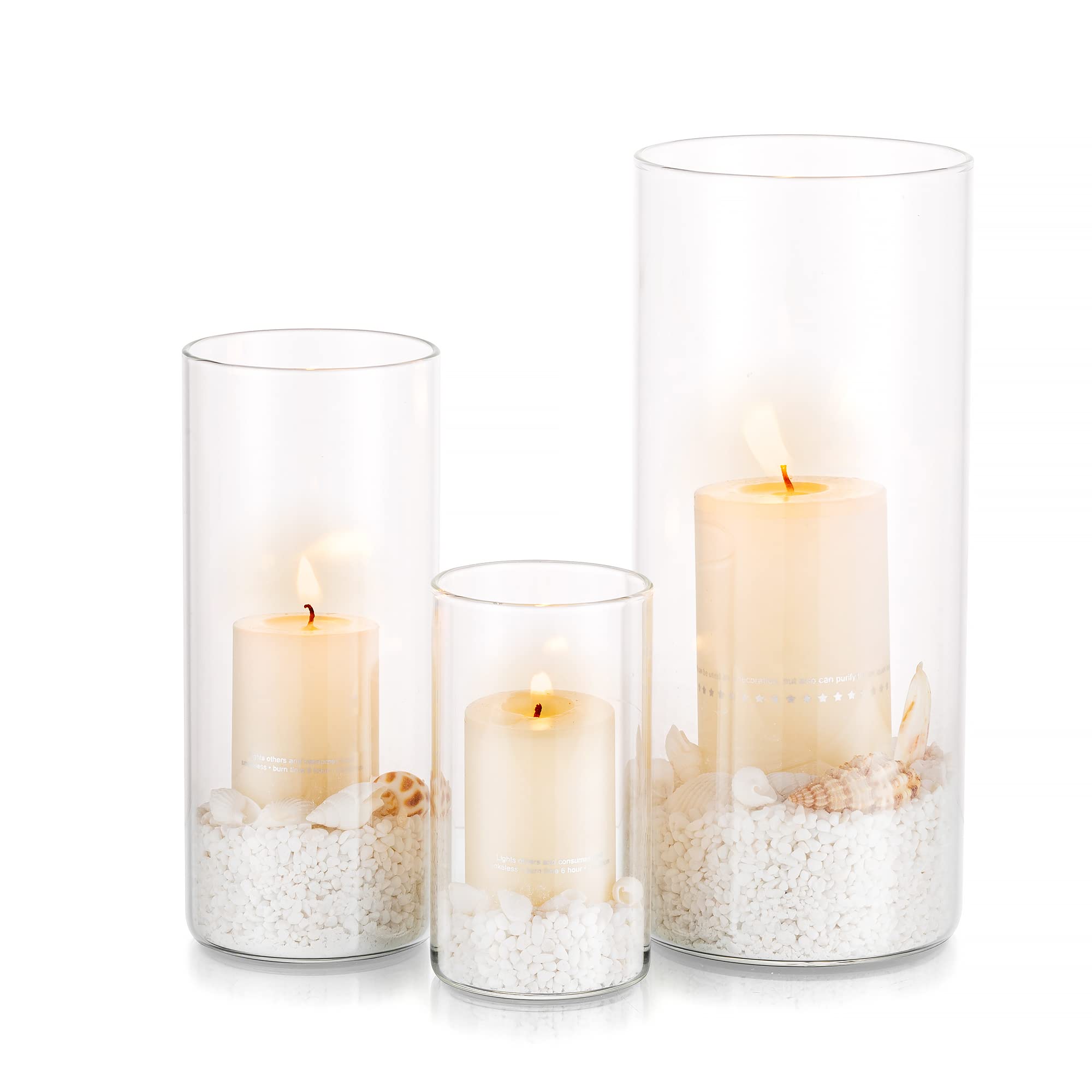 Glasseam Clear Glass Candle Holder Set of 3 - Tea Light & Pillar Candle Holders, Hurricane Cylinder Vases for Christmas, Wedding, Table Centerpieces (4