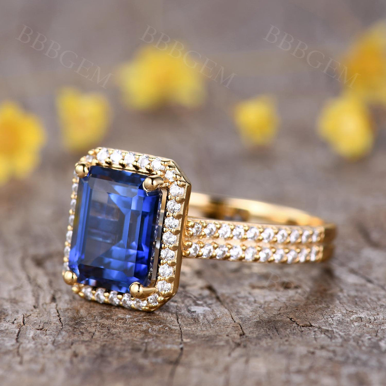 Vintage 8X10mm Emerald Cut Sapphire Ring with Diamond Halo - 14K Yellow Gold Wedding Band (4 Carat Total Weight) for Engagement, Anniversary & Special Occasions