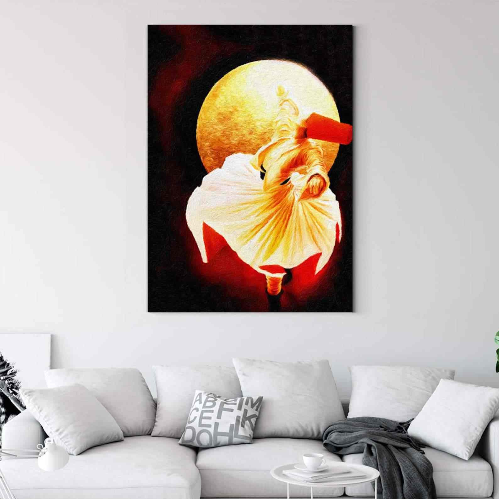 Whirling Dervish Islamic Wall Art - Handmade Canvas Print for Home & Mosque Decor | Spiritual Sufi Dance Painting for Living Room, Prayer Room & Office