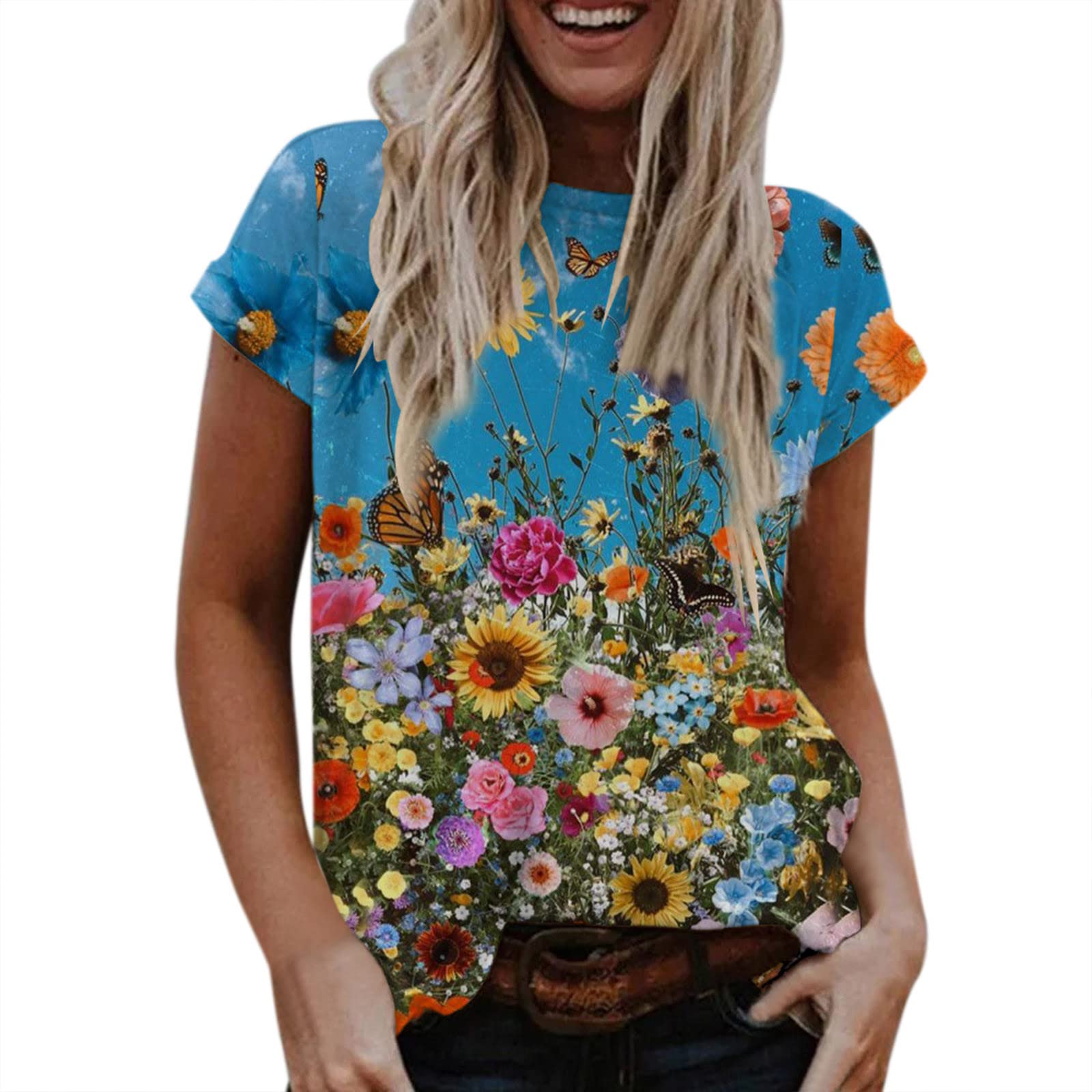 Women's Floral Printed Short Sleeve Round Neck T-Shirt - Loose Fit Casual Summer Top for Work & Everyday Wear | Breathable Comfort Tee for Office, Outings & Vacation