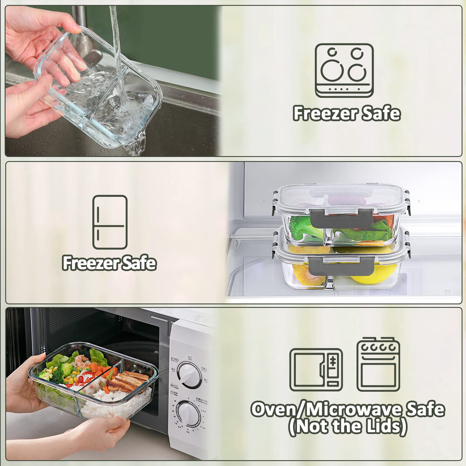 10-Pack 30 Oz Glass Meal Prep Containers with Lids – 2-Compartment Airtight Bento Lunch Boxes, Microwave & Oven Safe, Freezer & Dishwasher Friendly – Perfect for Healthy Meal Prepping, Office Lunches & Food Storage