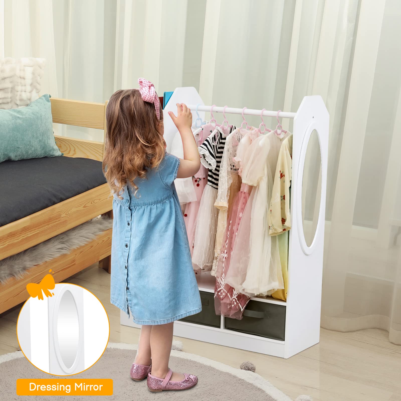 Kids Costume Organizer & Dress Up Storage Rack with Mirror & Storage Bin - Open Hanging Play Armoire Dresser for Pretend Play & Toy Organization - Perfect for Bedroom, Playroom & Daycare Storage Solutions