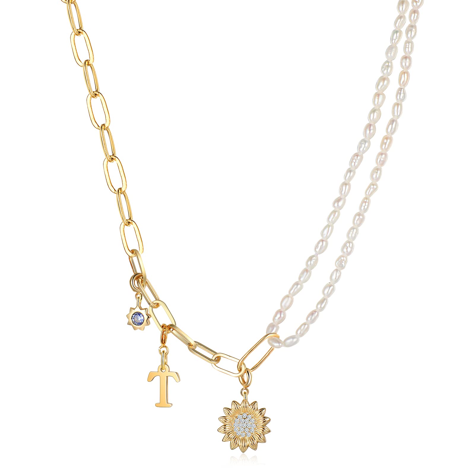 Personalized Sunflower Initial Letter Necklace for Women - Gold Birthstone Paperclip Necklace 