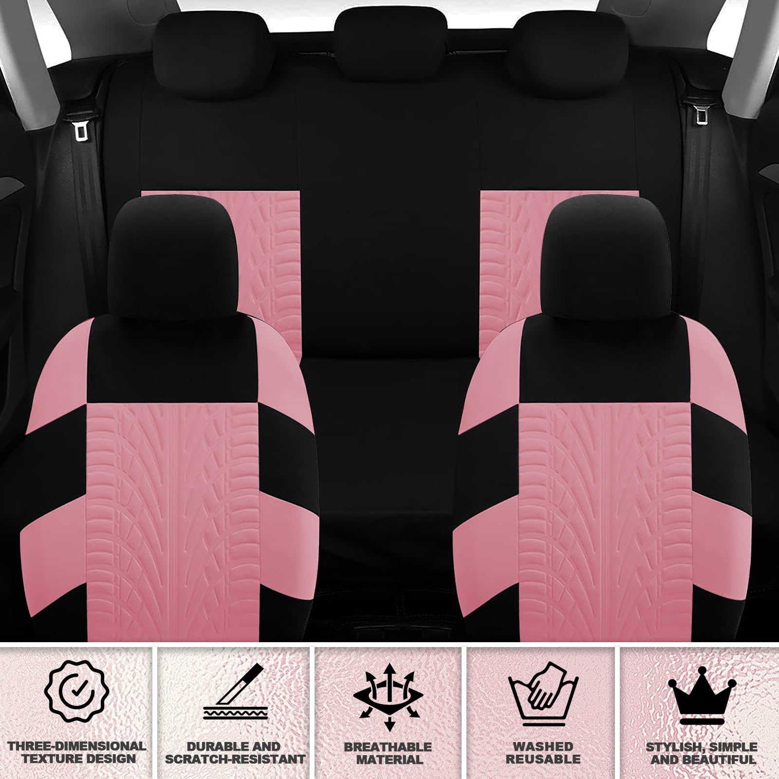 21-Piece Universal Car Seat Covers Full Set with Floor Mats - 3D Tire Print Design, 5mm Composite Sponge Padding - Pink SUV Accessories for Women (Perfect for Daily Commute, Road Trips & Car Interior Protection)