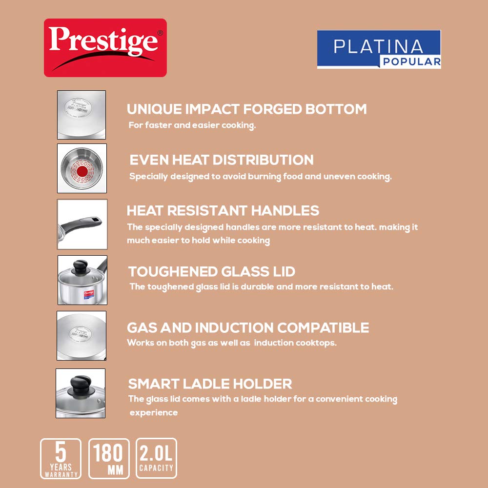 Prestige SS Platina Popular Sauce Pan 180mm - Premium Stainless Steel Cookware for Sauteing, Simmering & Serving - Perfect for Home Kitchen & Professional Chefs