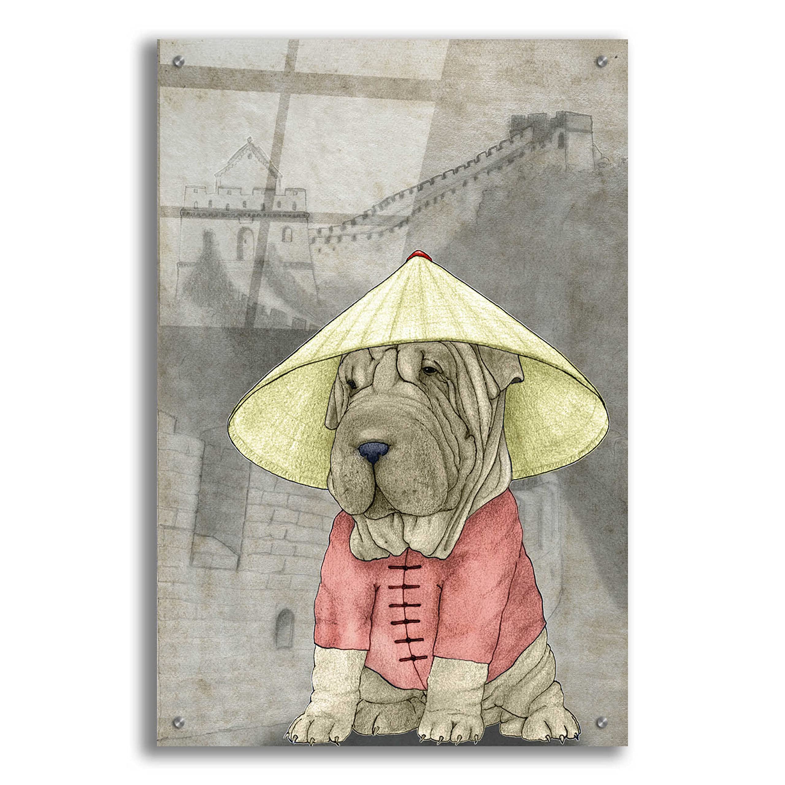 Barruf Acrylic Glass Wall Art - 'Shar Pei with The Great Wall' Painting, 24x36 Inches, Modern Home Decor for Living Room, Bedroom & Office