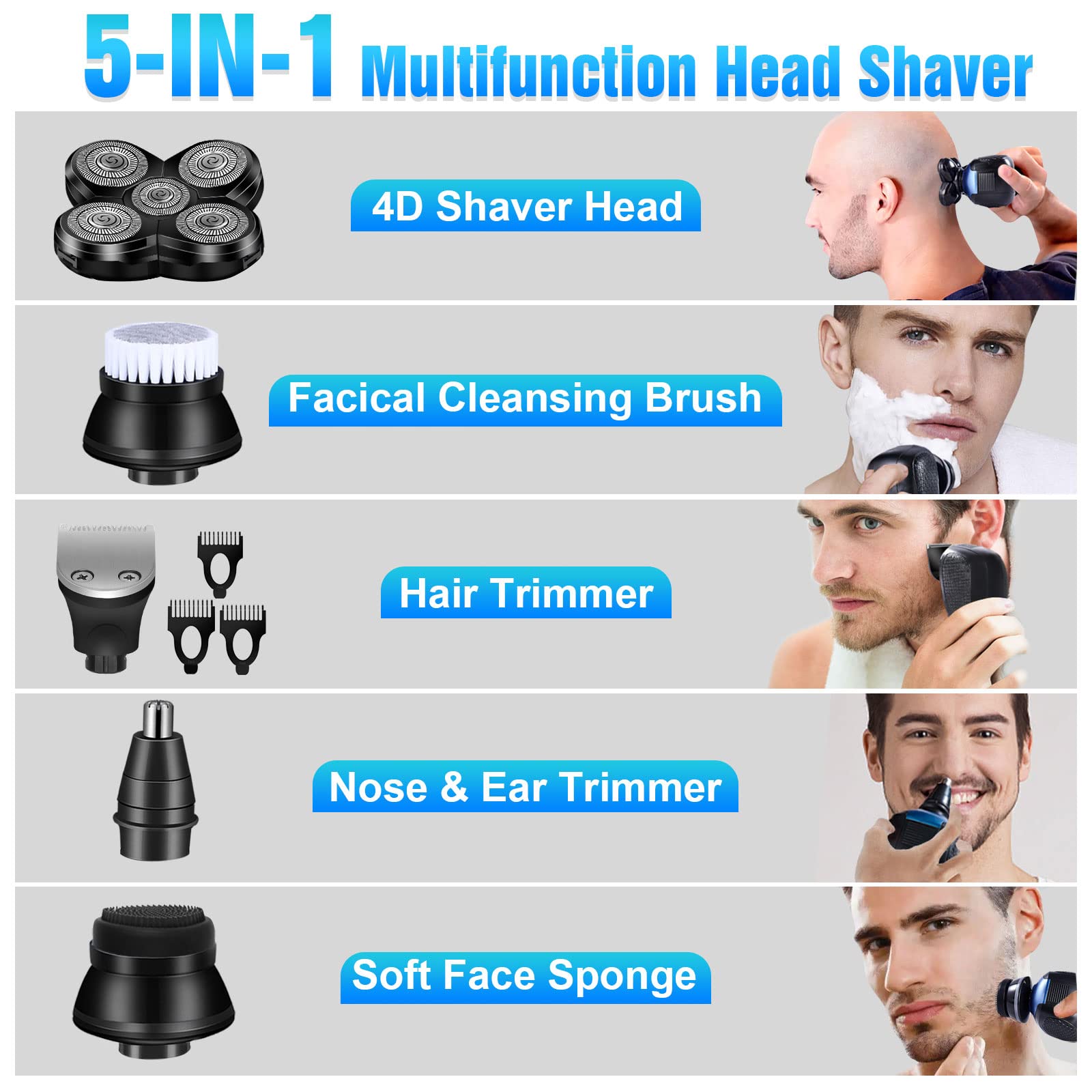 5-in-1 Electric Head Shaver for Bald Men - Cordless, Waterproof Wet/Dry Rotary Razor for Head & Face Shaving - USB Rechargeable - Perfect for Travel, Gym & Daily Grooming Routine