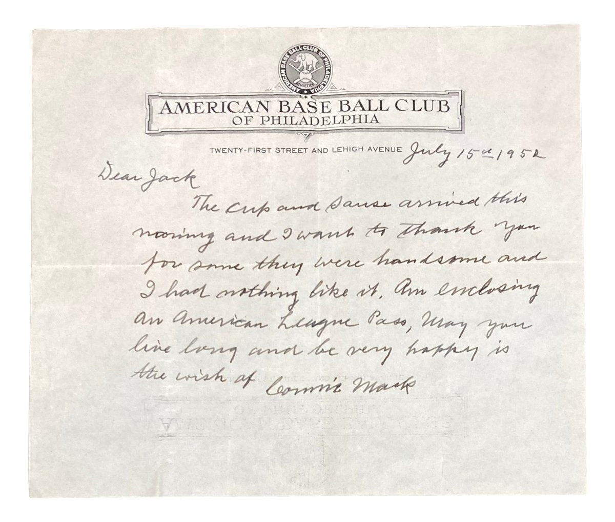 Authentic Connie Mack Philadelphia Athletics Signed Handwritten Letter BAS A31889 with COA - Perfect for Baseball Memorabilia Collectors & Sports Fans Display