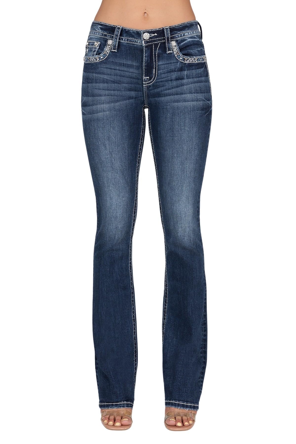 Miss Me Women's Mid Rise Hint of Blue Bootcut Jeans with Faux Flap Pockets - Stylish & Comfortable Denim for Casual Wear, Work & Night Out