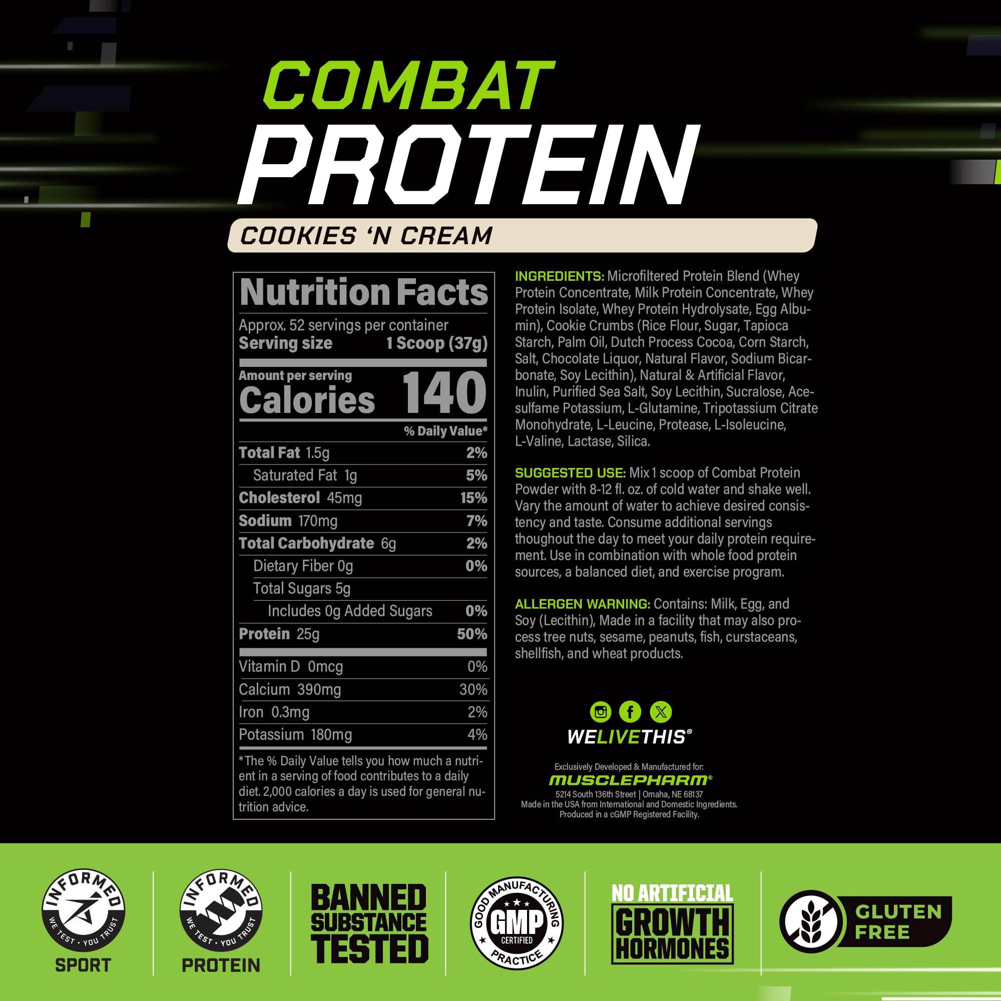 MusclePharm Combat Protein Powder - Cookies 'N' Cream Flavor | 5 Protein Sources (Whey Isolate & Egg Albumin) | Gluten Free | 4lb (52 Servings) | Post-Workout Recovery & Muscle Growth Supplement for Athletes & Fitness Enthusiasts