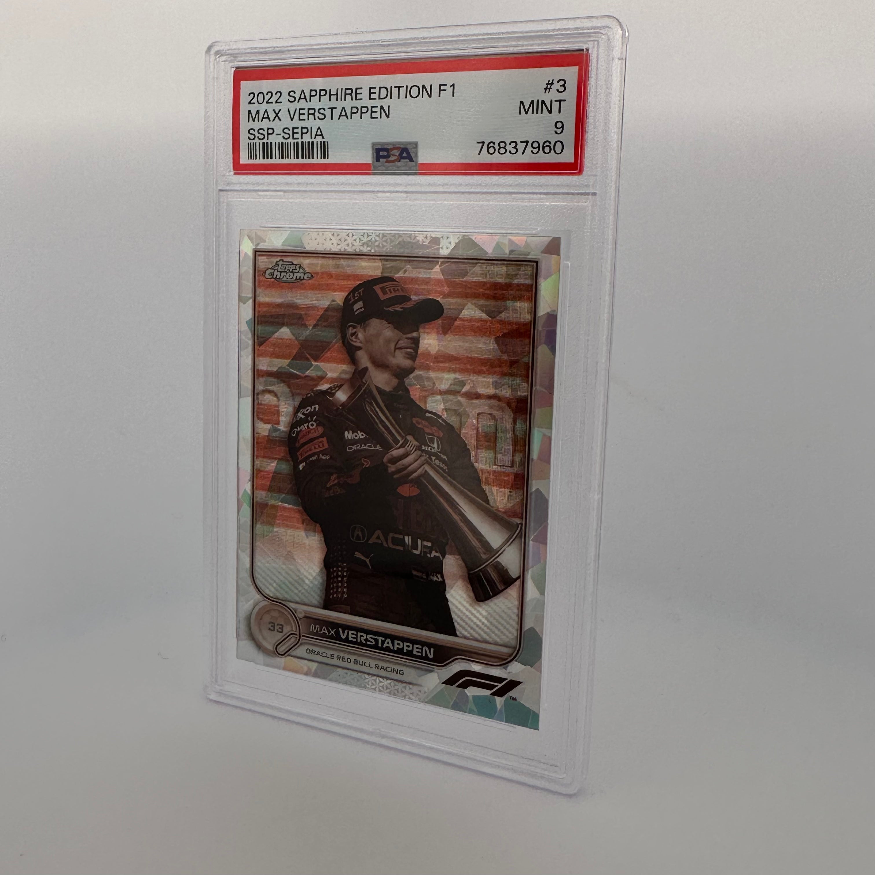 PSA 9 Graded 064/100 MAX VERSTAPPEN #3 SAPPHIRE EDITION SSP SEPIA Trading Card - Rare Collectible for F1 Fans & Sports Memorabilia Enthusiasts